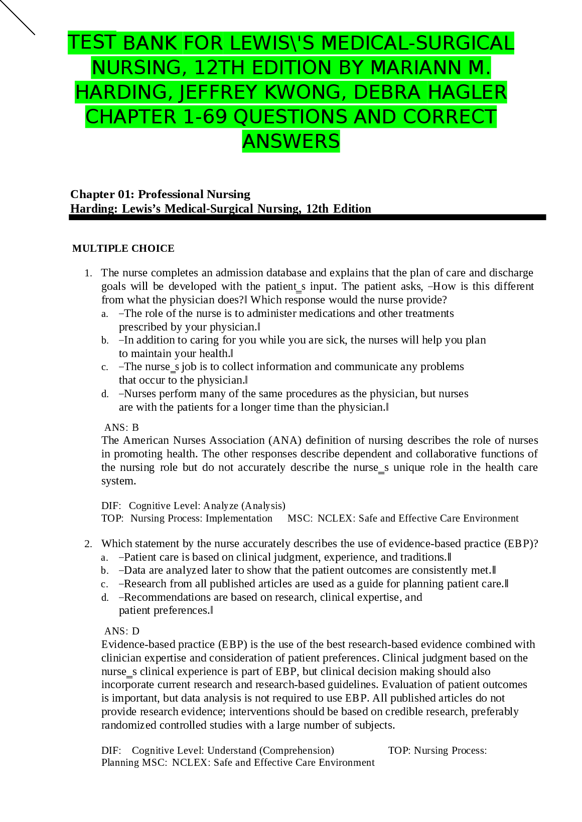 Medical-Surgical Nursing 12e Test Bank Harding 2026/27