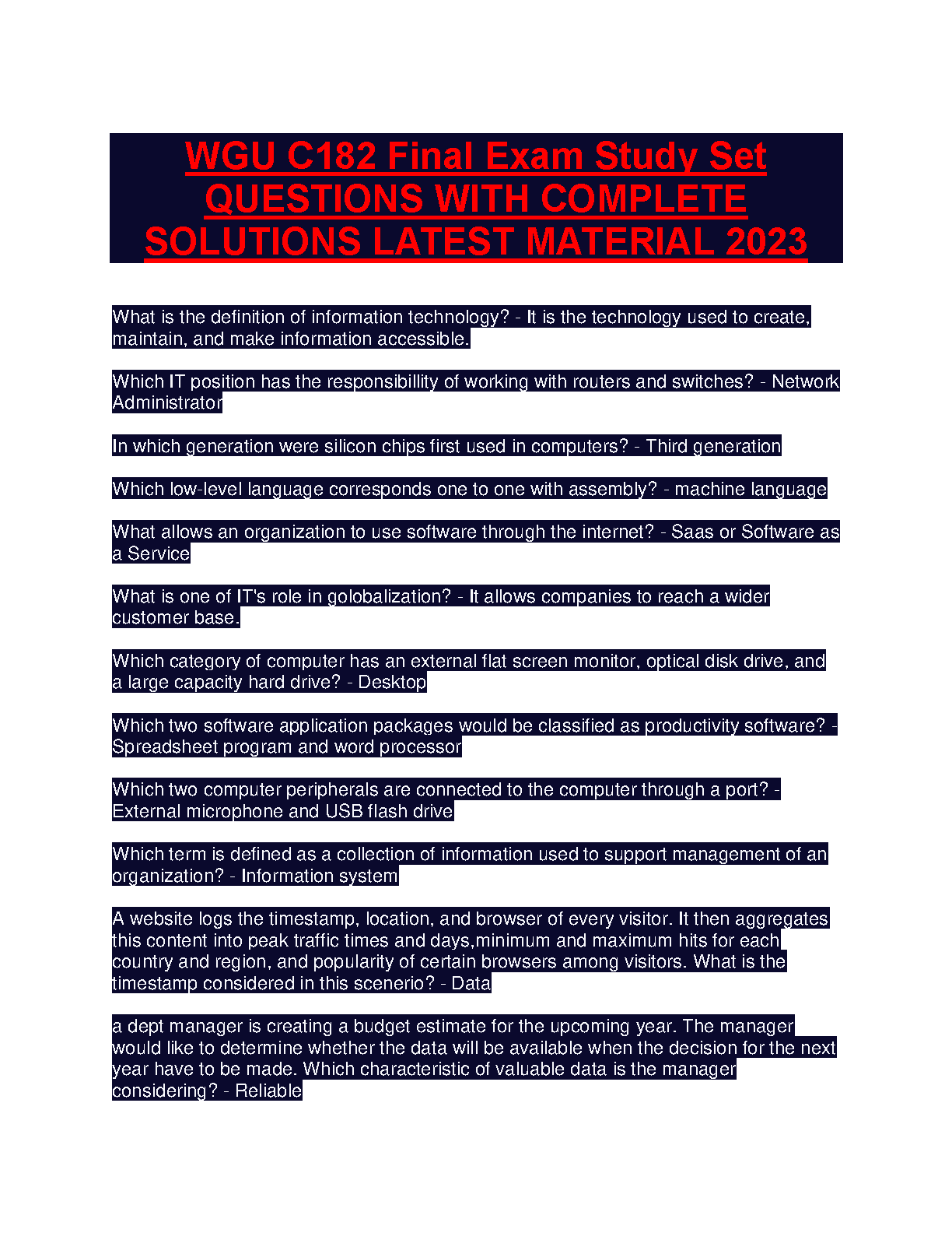 WGU C182 Final Exam Study Set with Solutions 2024-25