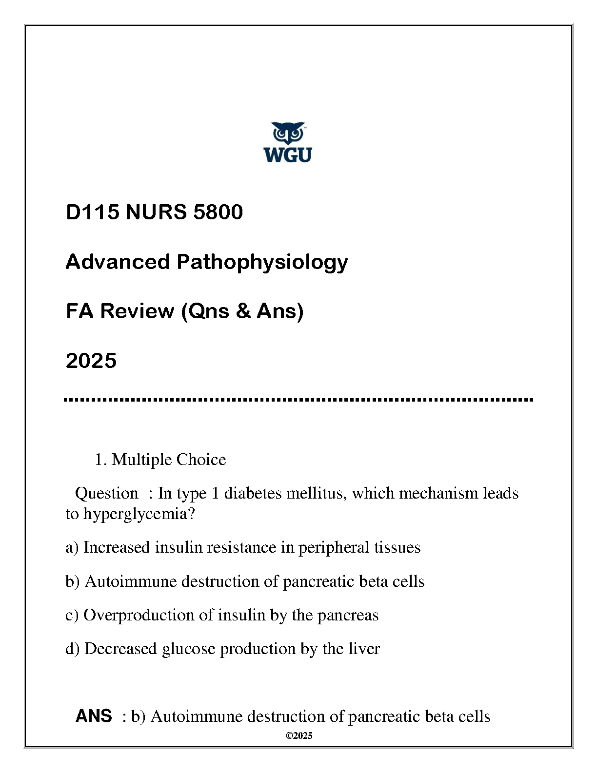 WGU NURS 5800 Pathophysiology 2025 Exam Prep Q&A Guide