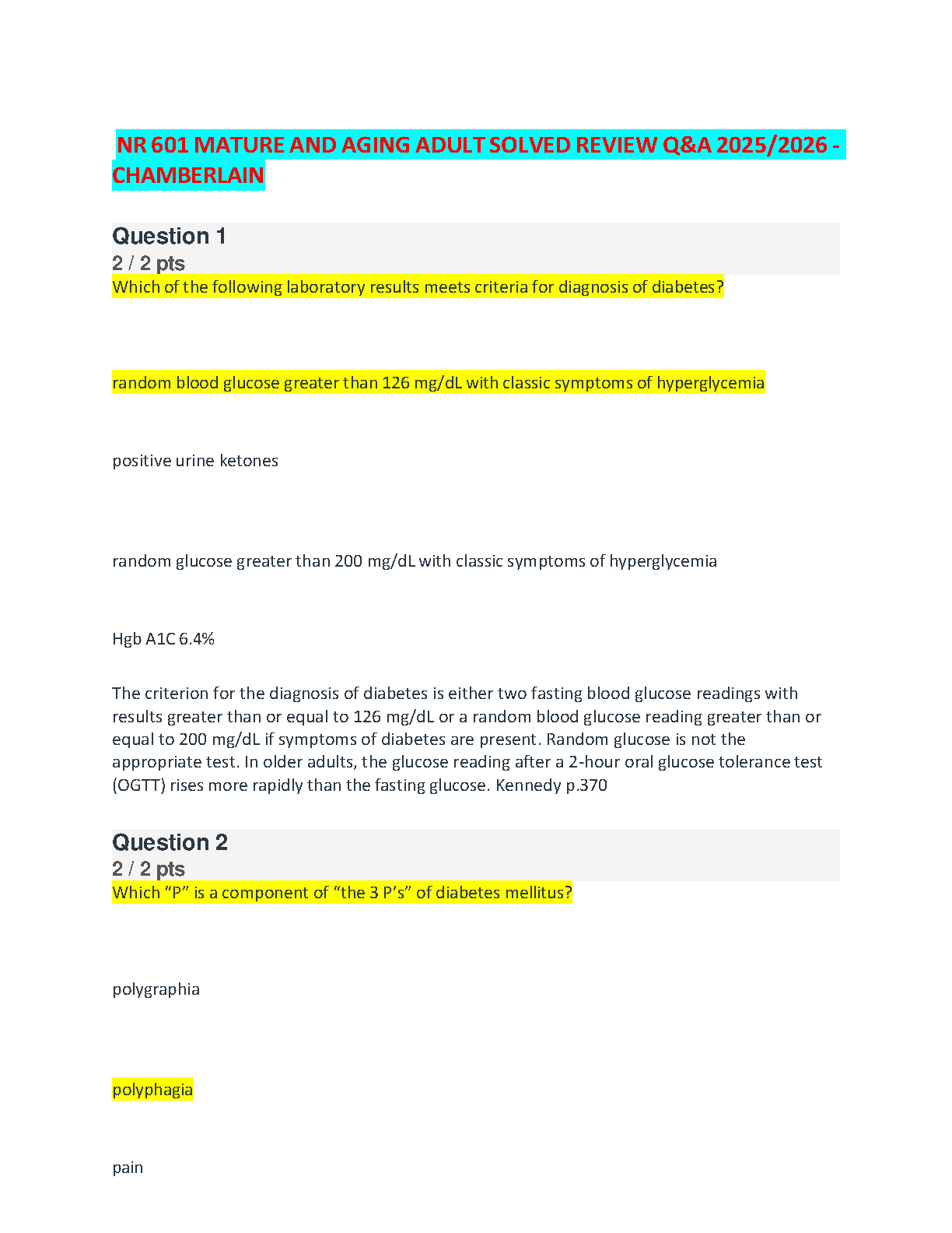 NR 601 Mature & Aging Adult Review Questions 2025-2026