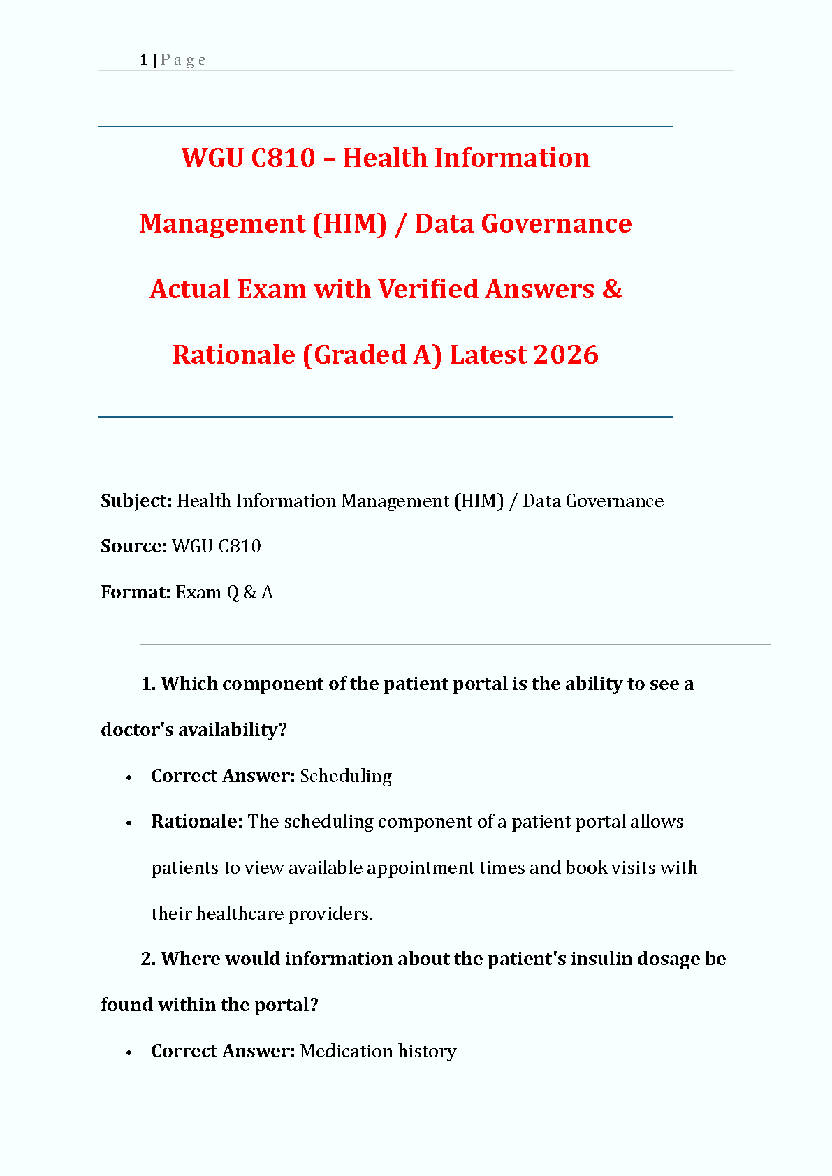 WGU C810 HIM Data Governance Test Bank 2026 Q&A Guide IMG-1