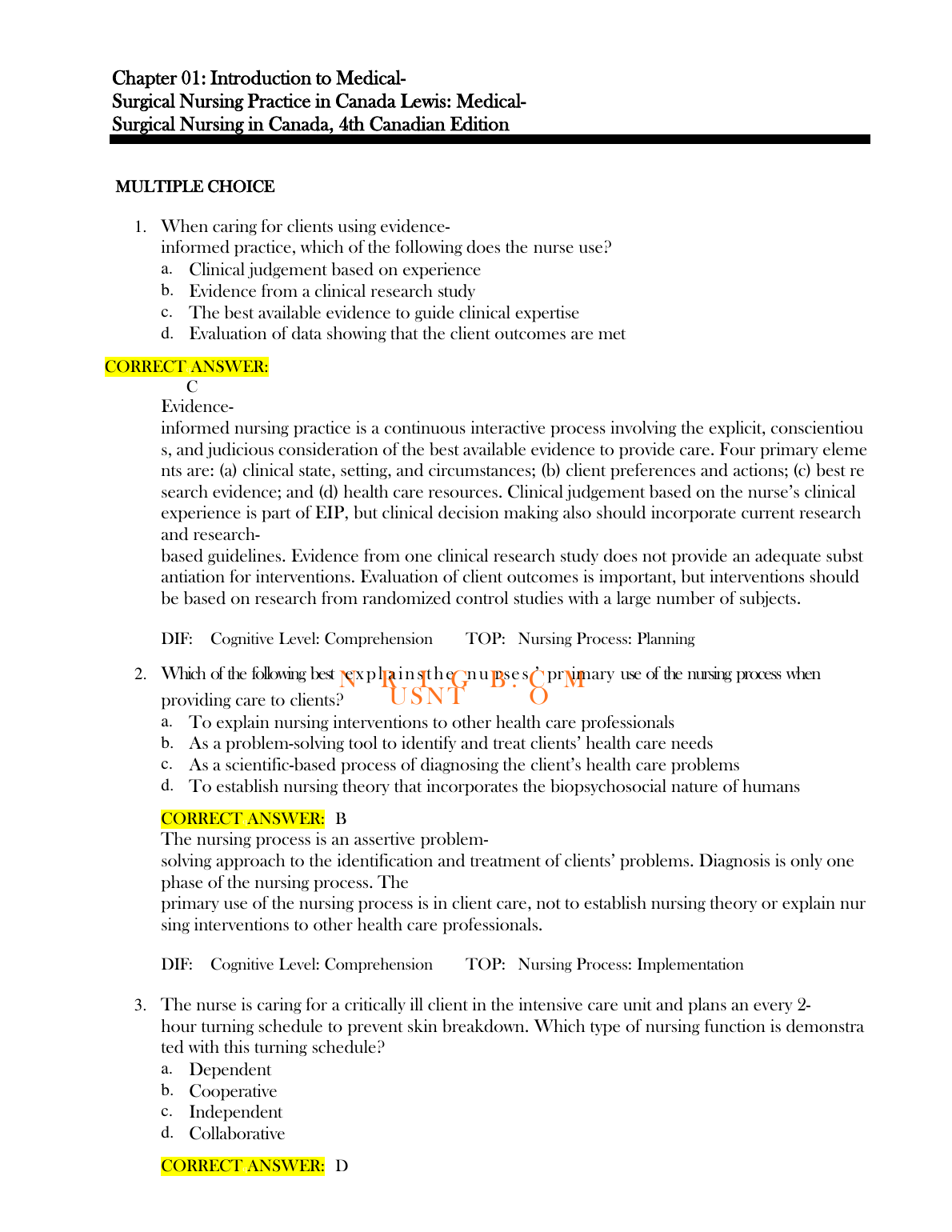 Lewis Med Surg Nursing Canada 4e Test Bank Ch 1-72 2026/2027 IMG-1