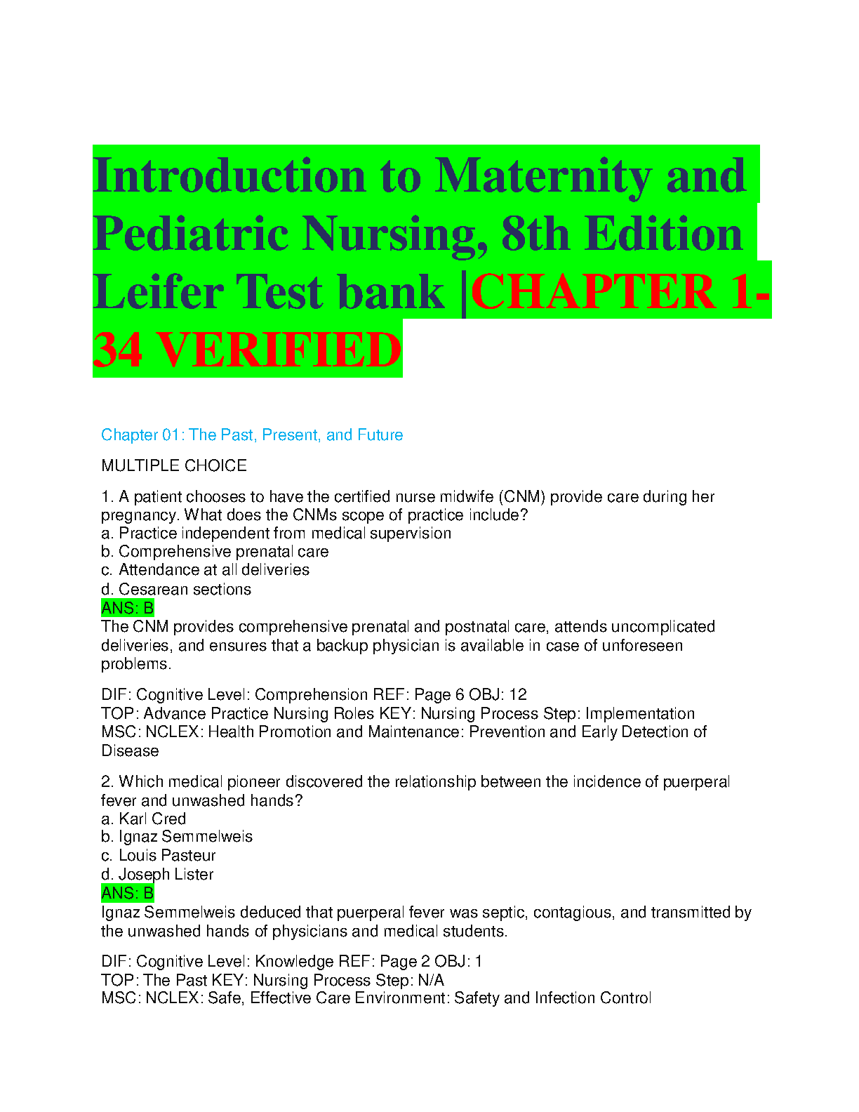 Leifer Maternity & Pediatric Nursing Test Bank 2026/27 IMG-1