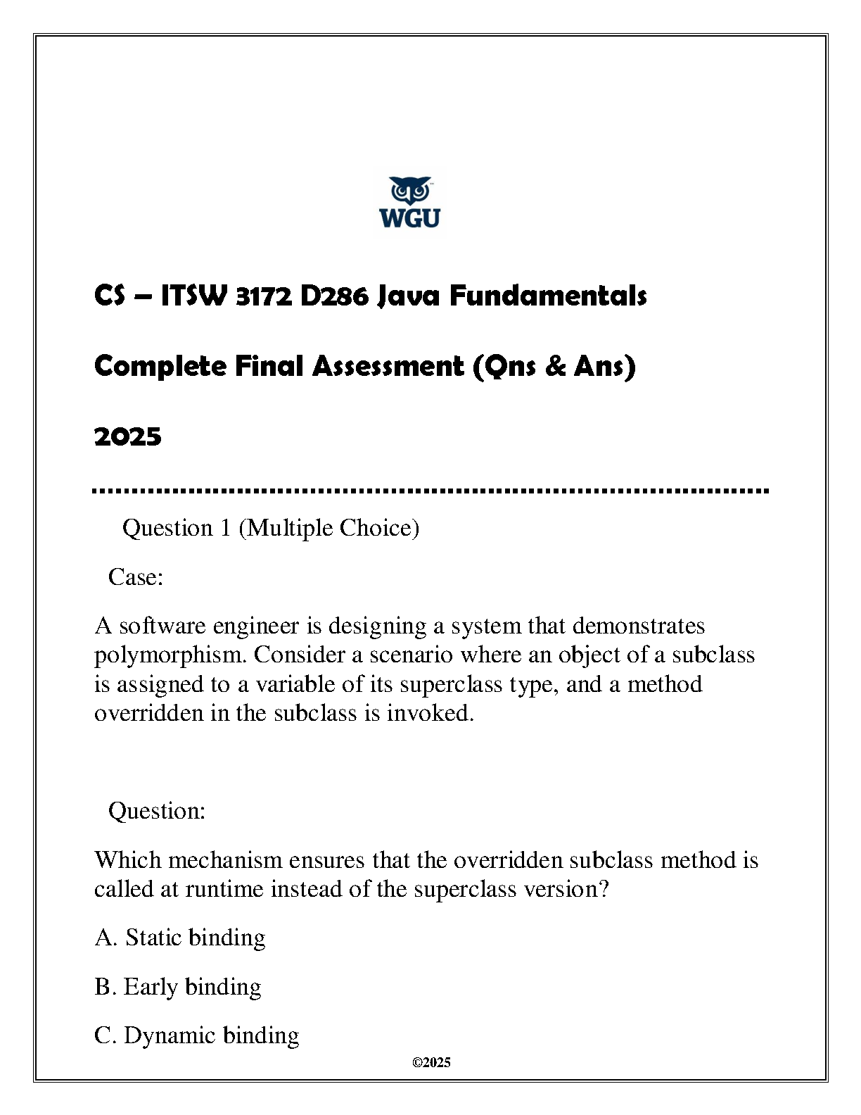 WGU Java Fundamentals ITSW 3172 Final Assessment Qs & As