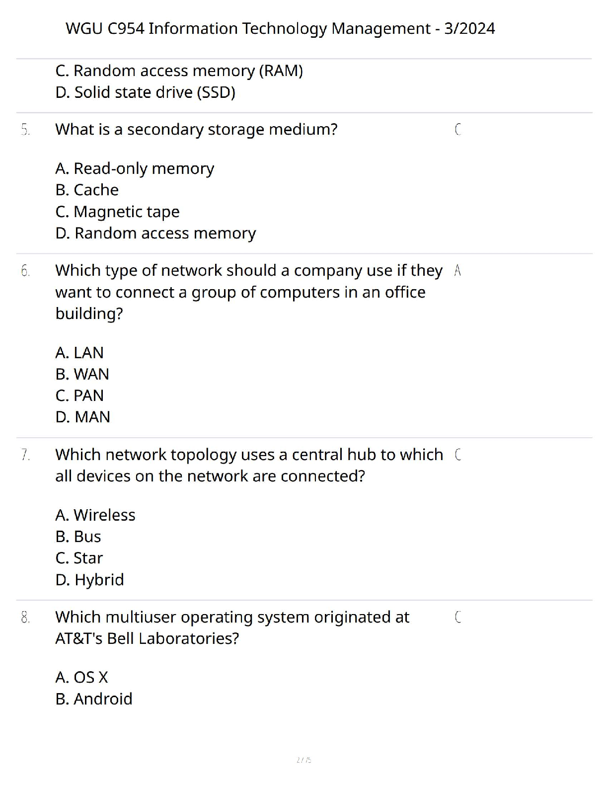 WGU C954 IT Management Test Bank 2024 Verified Answers