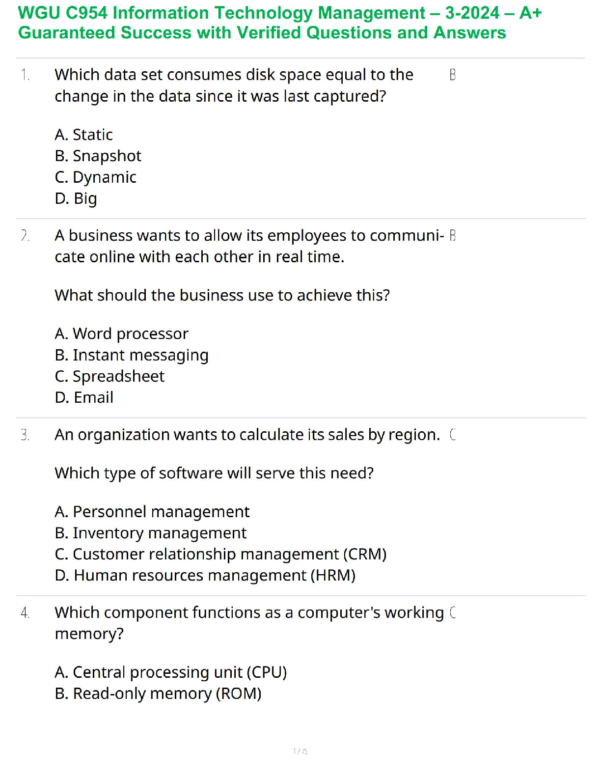 WGU C954 IT Management Test Bank 2024 Verified Answers