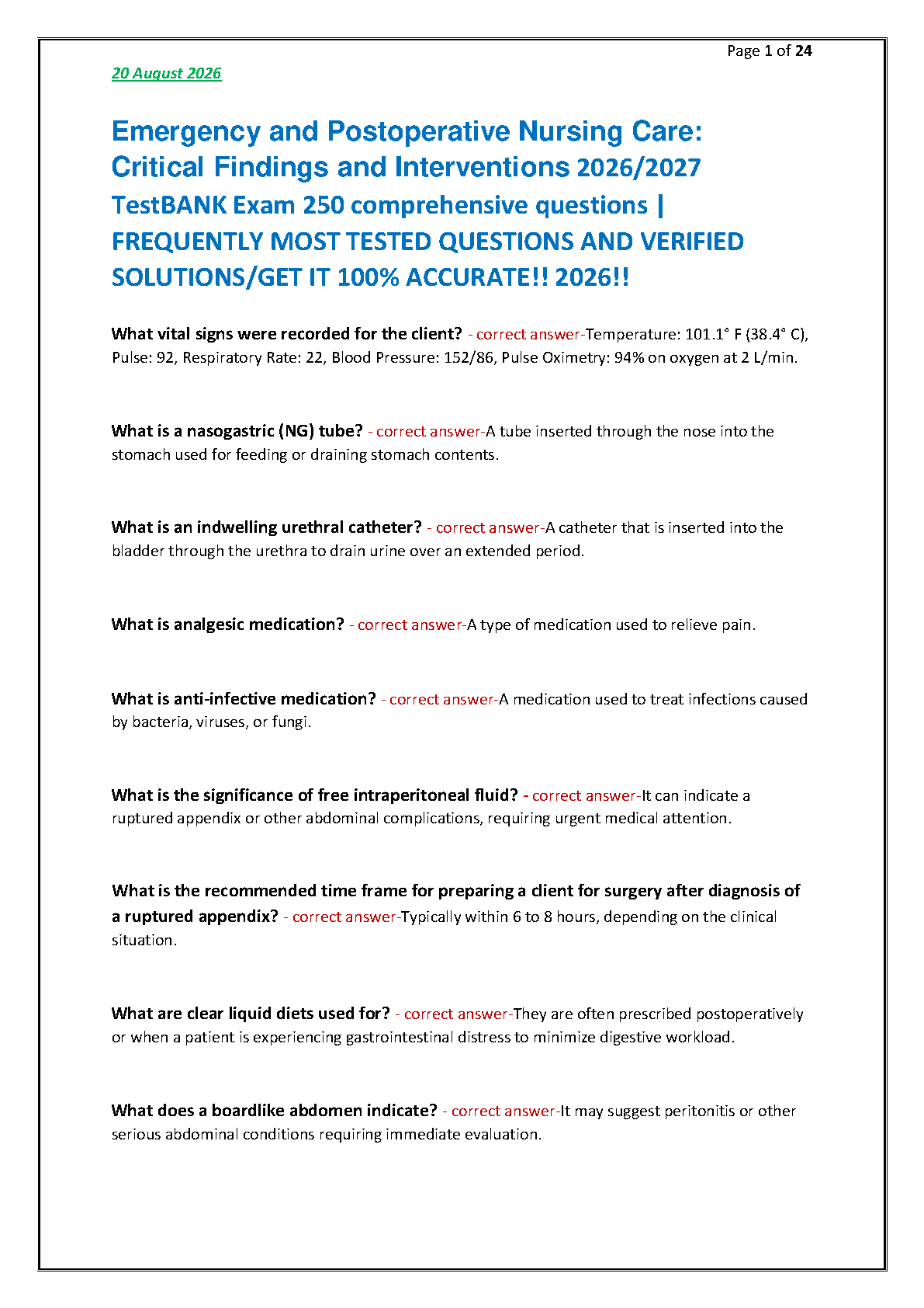Nursing Emergency & Post-op Test Bank 250 Qs 2026/27