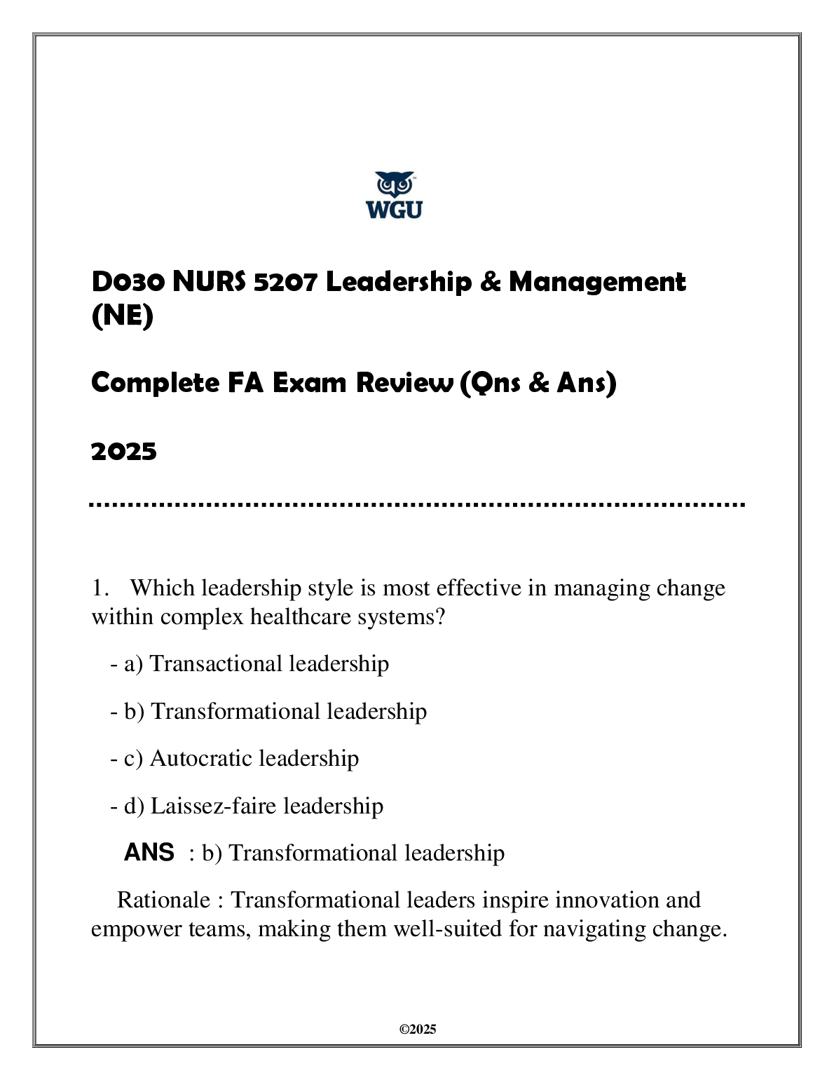 WGU NURS 5207 Leadership Management Exam Q&A 2025