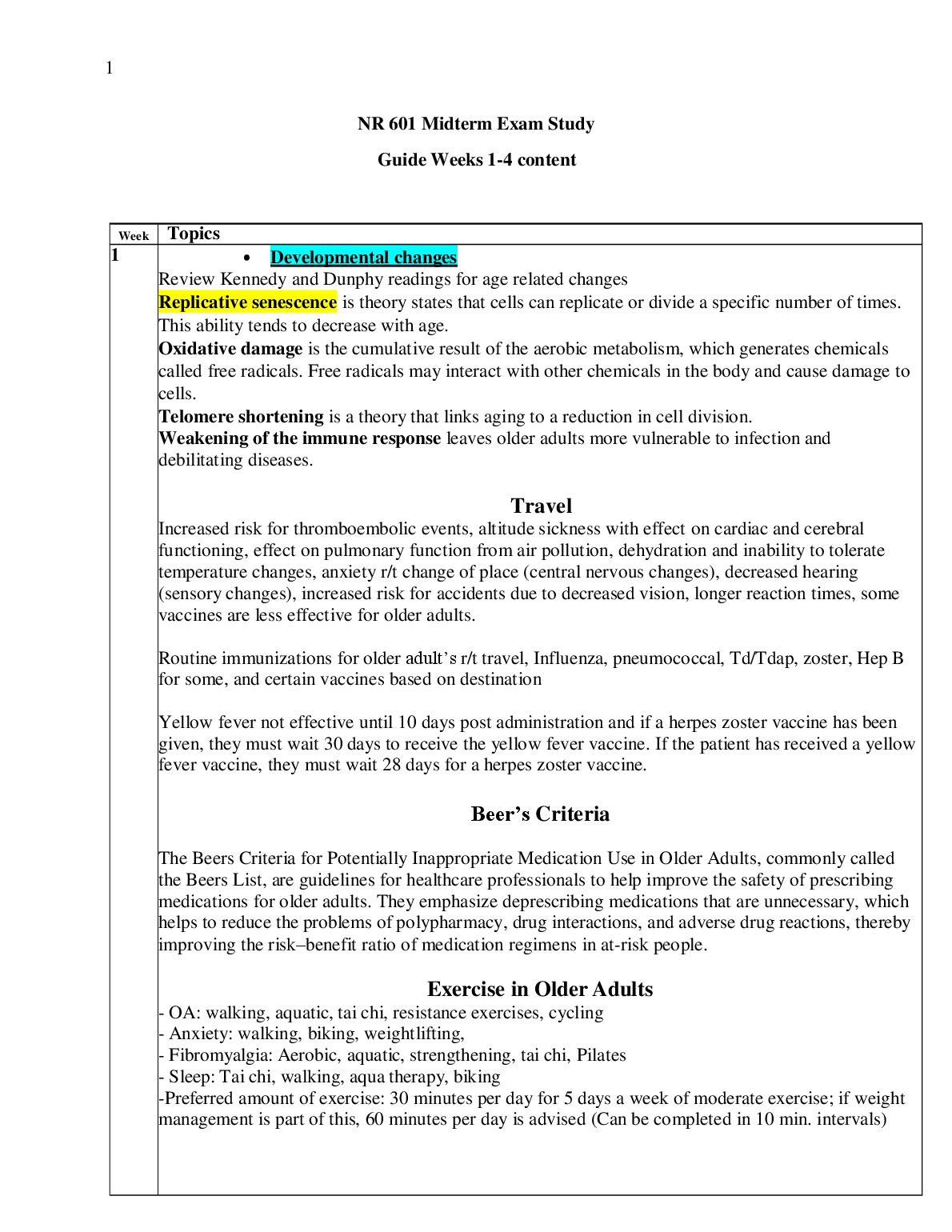 NR 601 Midterm Study Guide: Aging & Health Concepts