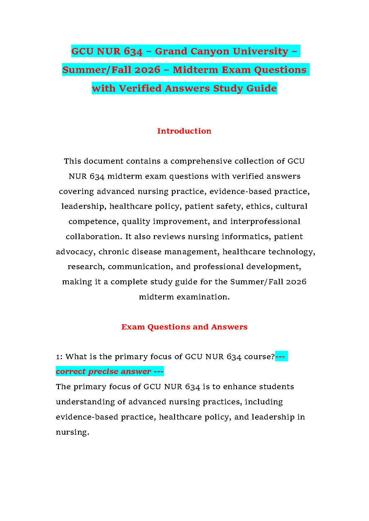 NUR 634 Midterm Exam Guide GCU 2026 Nursing Policy Leadership IMG-1