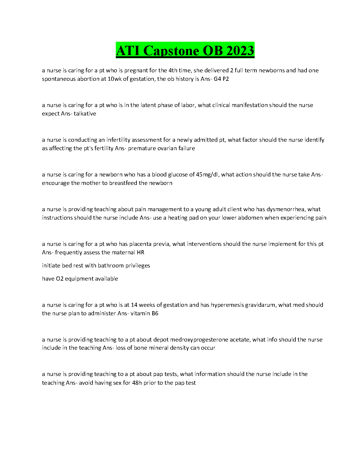 ATI Capstone OB Test Bank 2026 Nursing Study Guide