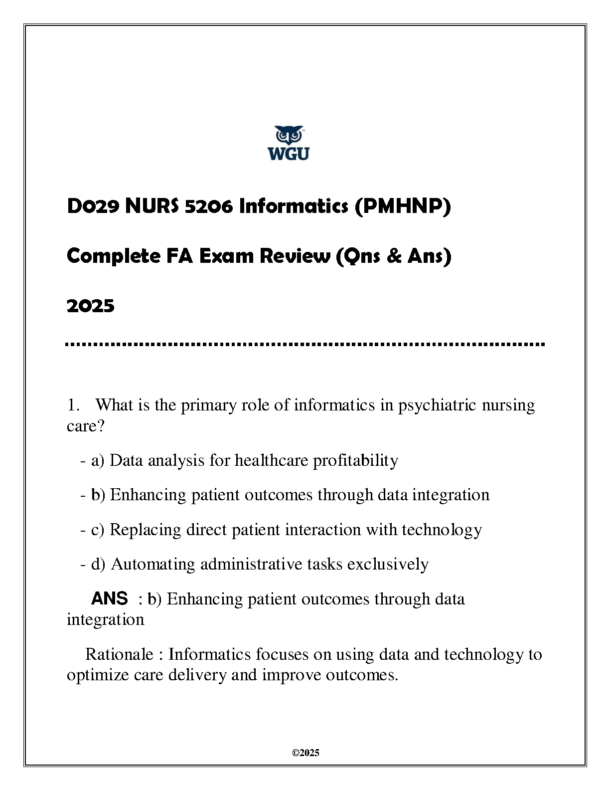 NURS 5206 Informatics PMHNP Final Exam Qs & As