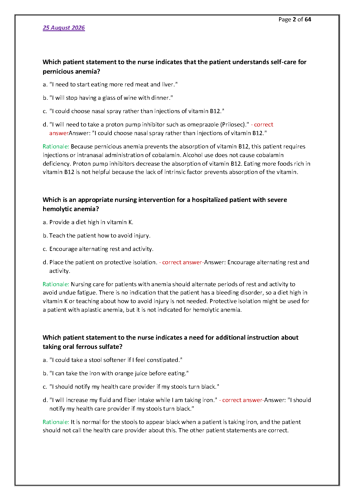 NURS 435 Anemia Test Bank and Verified Rationales