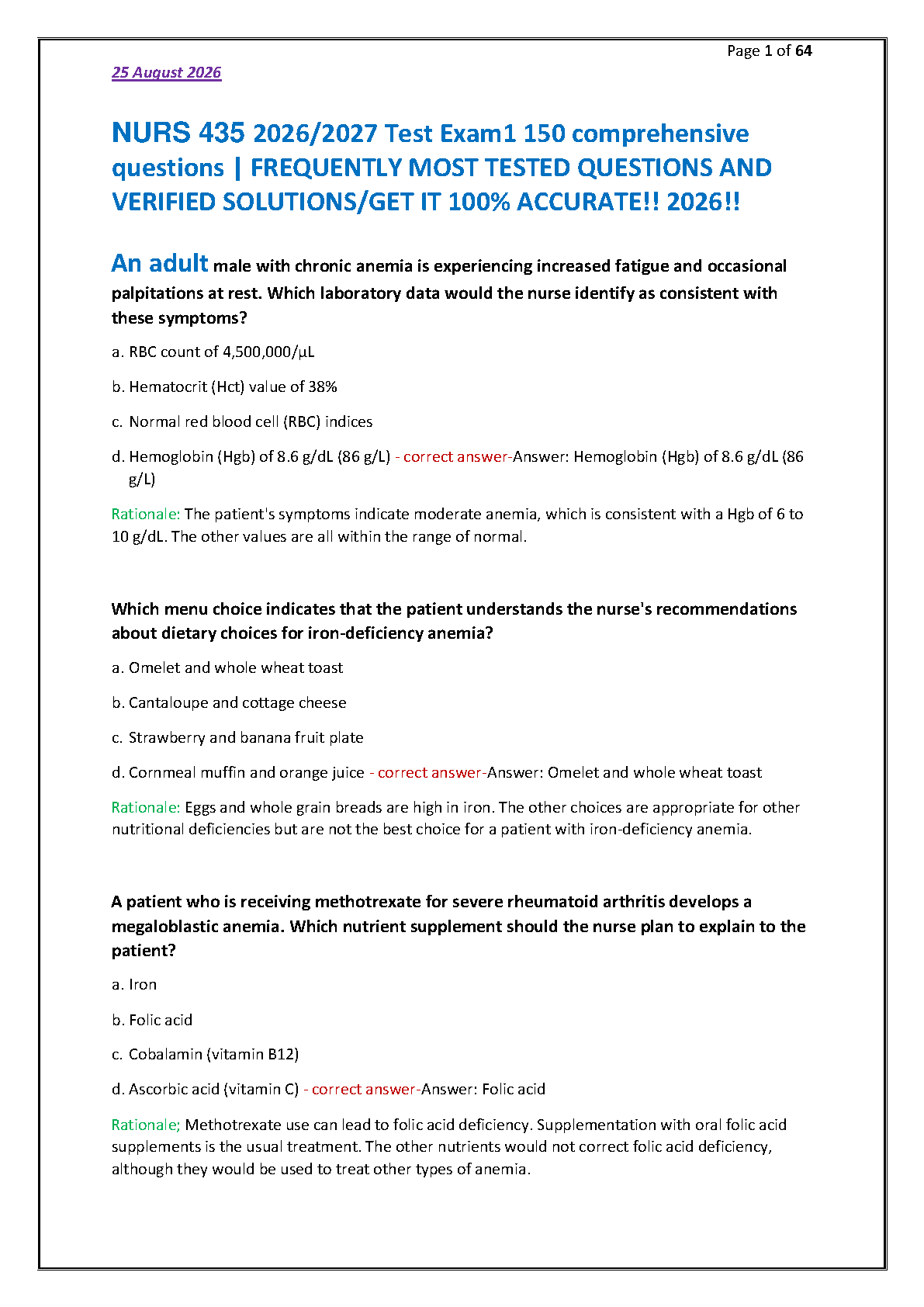 NURS 435 Anemia Test Bank and Verified Rationales
