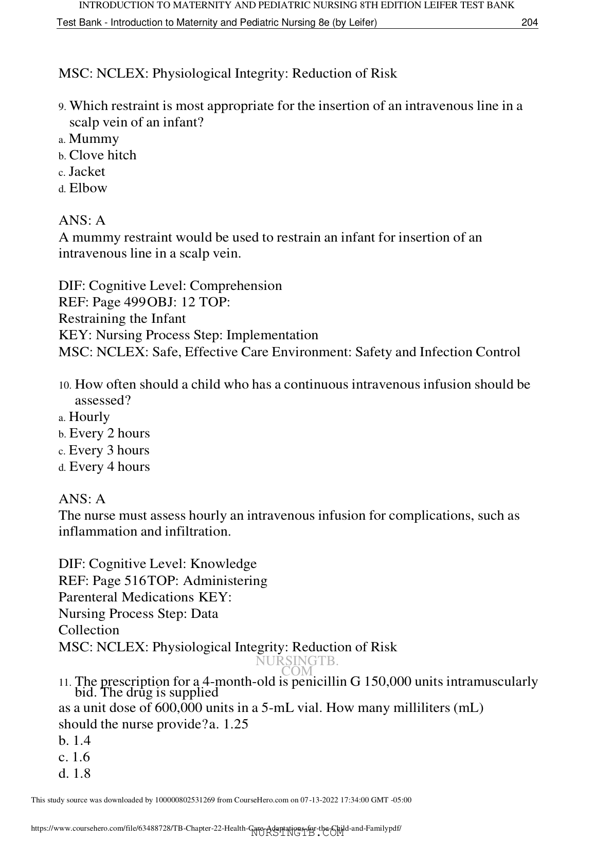 Leifer Pediatric Nursing Test Bank 2026/2027 Solutions