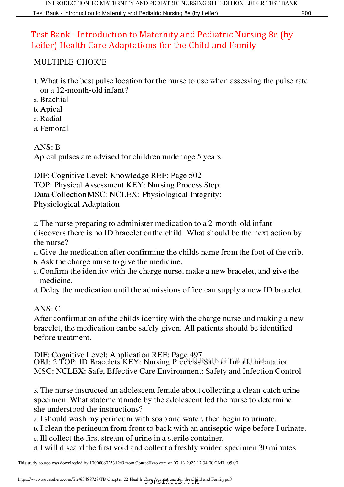 Leifer Pediatric Nursing Test Bank 2026/2027 Solutions