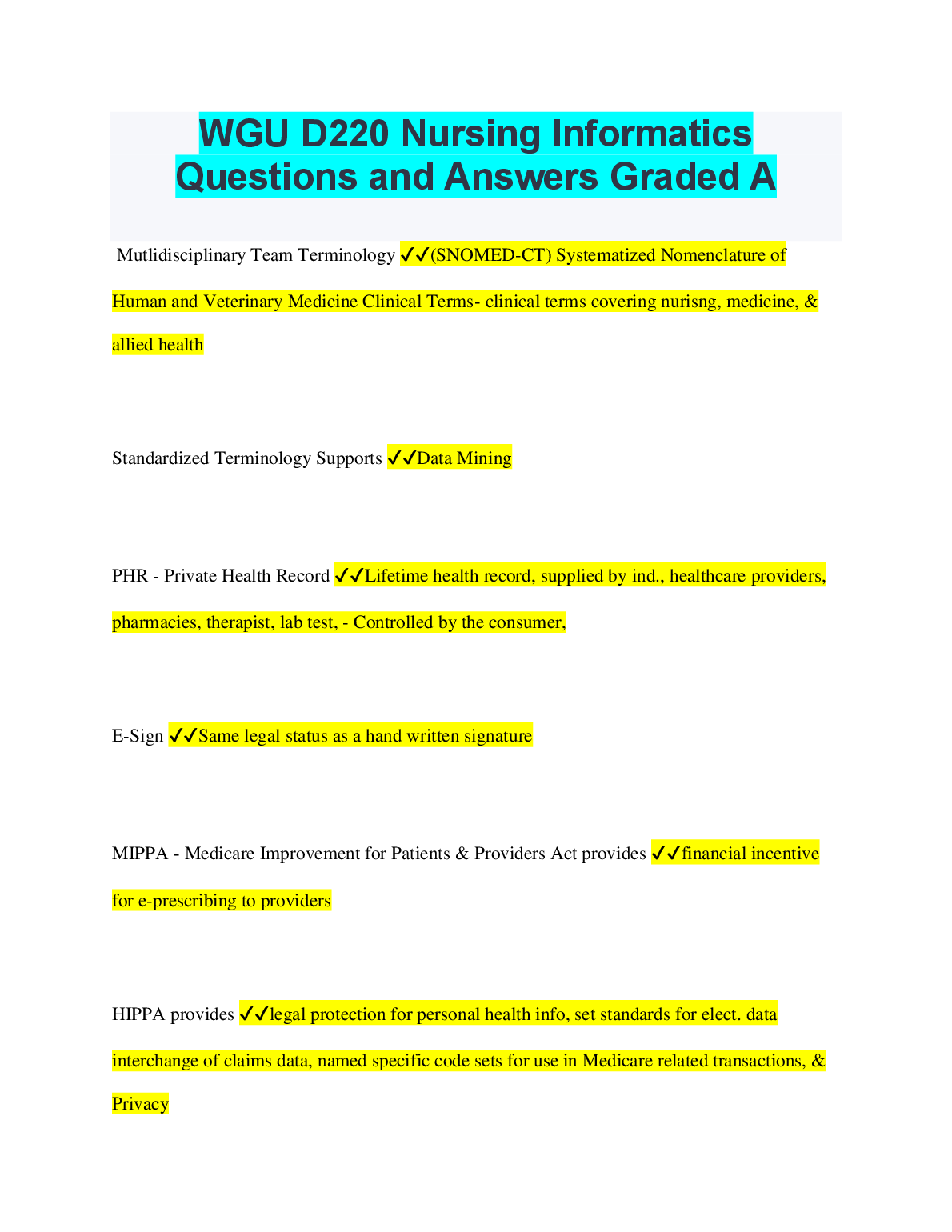 WGU D220 Nursing Informatics Exam Q&A 2023