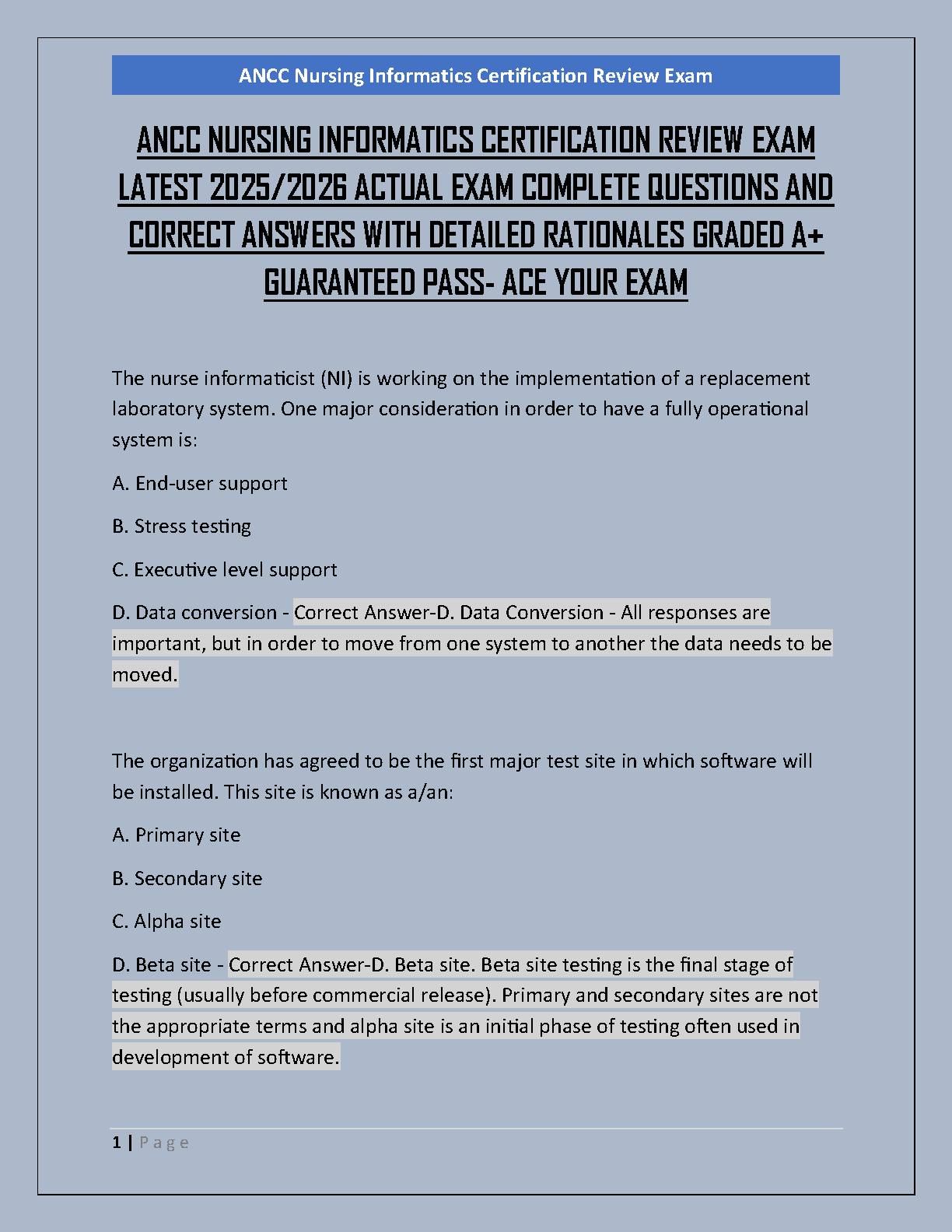 Nursing Informatics ANCC Test Bank 2026 Questions and Answers