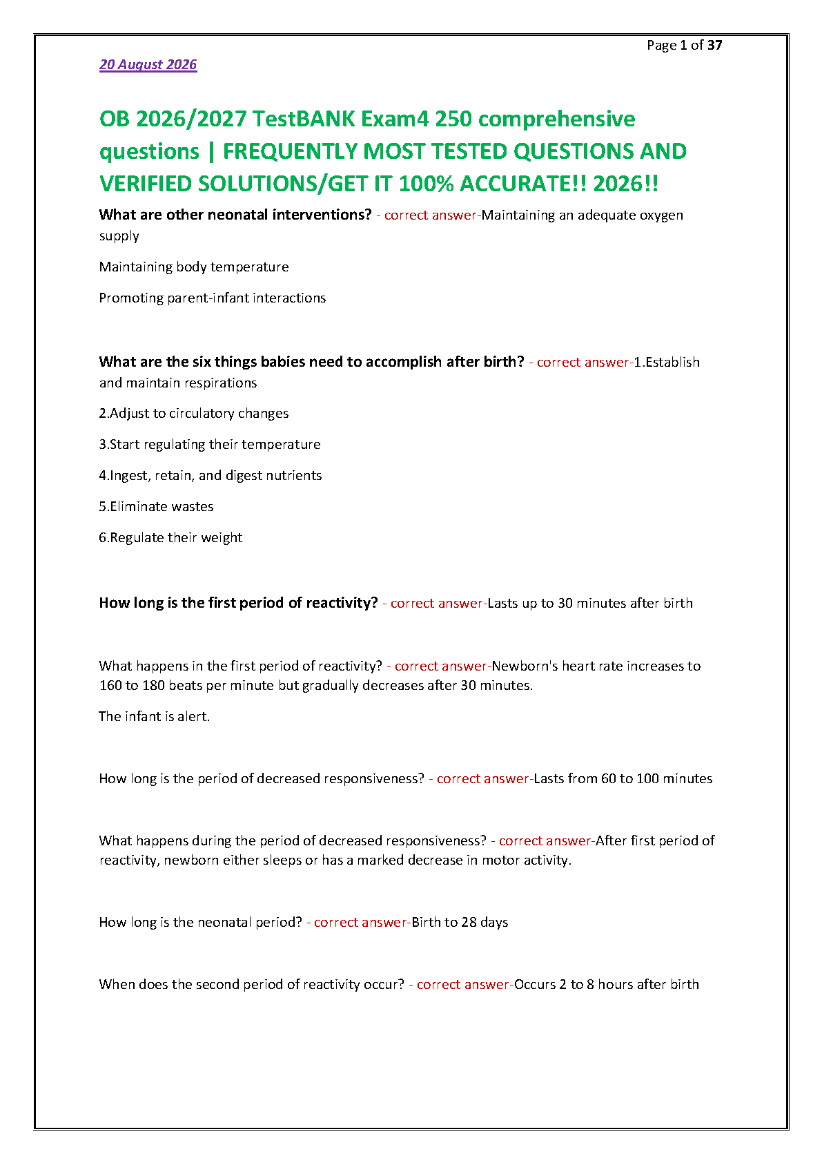 Neonatal Care OB Test Bank Exam 2026/27