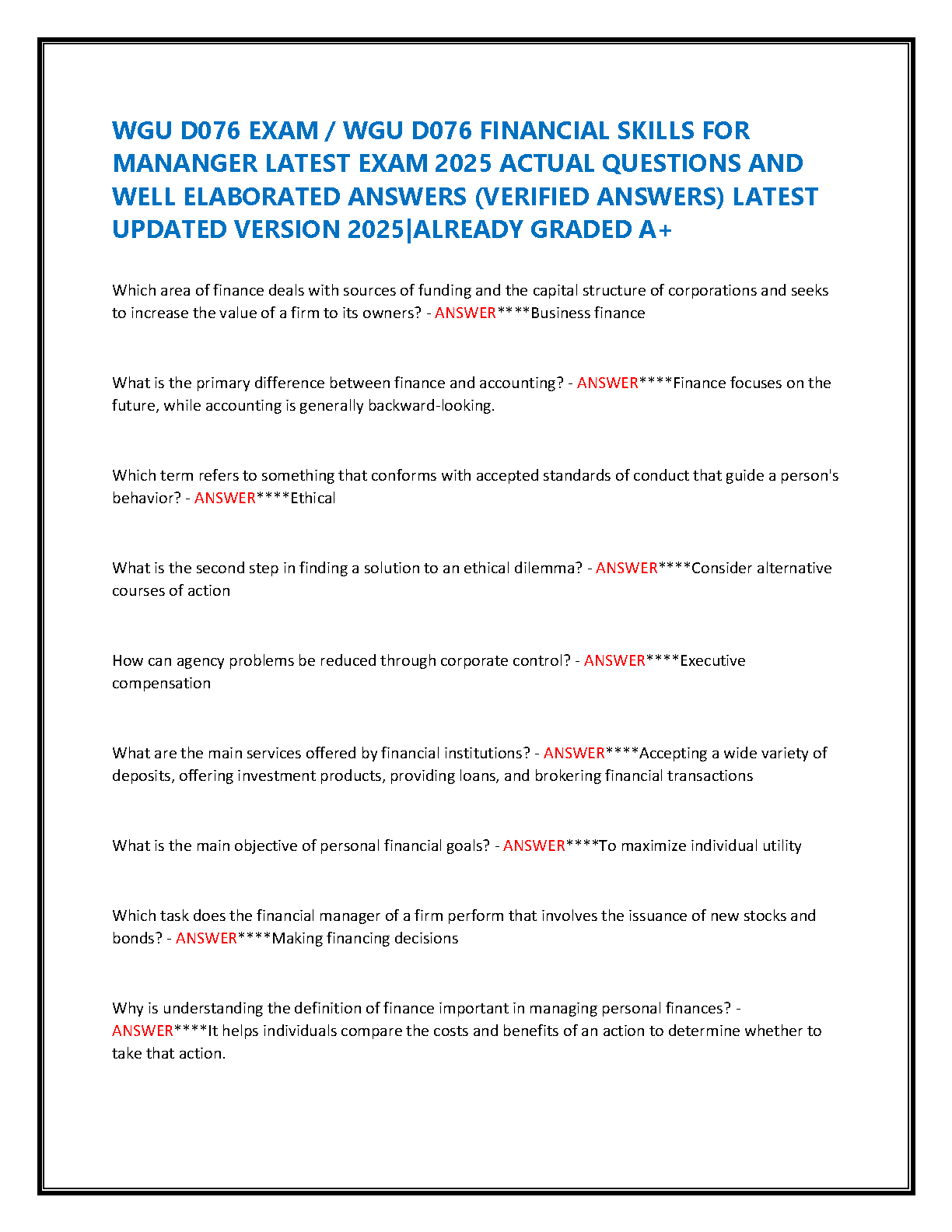 WGU D076 Financial Skills for Manager 2025 Exam Answers