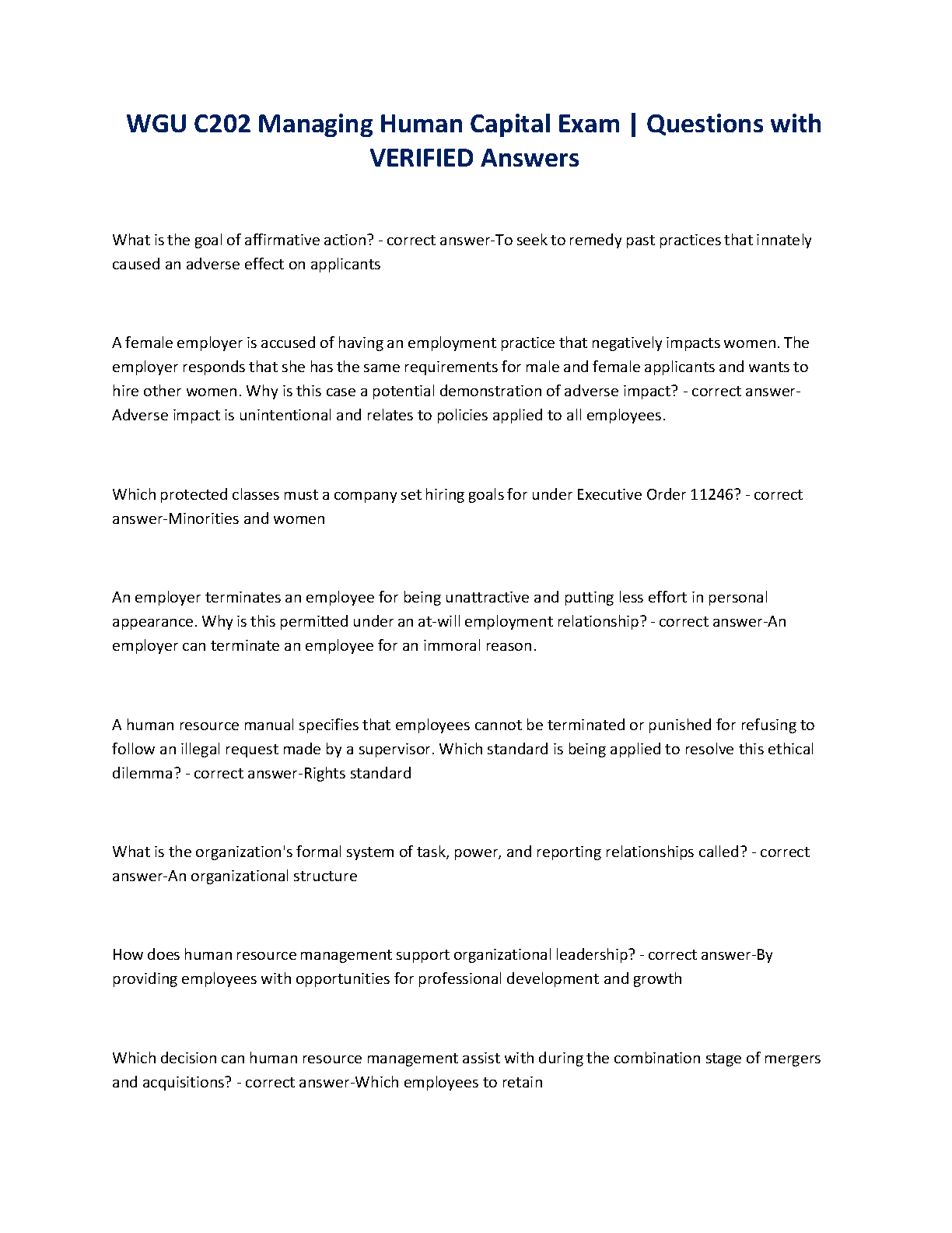 WGU C202 Managing Human Capital Exam Prep Guide