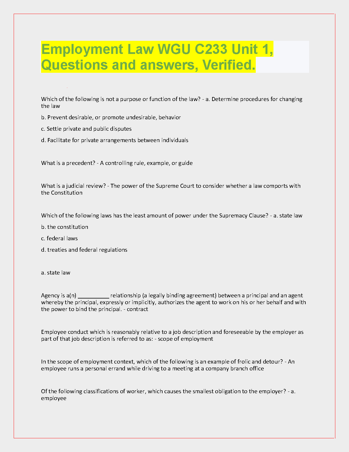 WGU C233 Employment Law Unit 1 Study Guide & Q&A 2025 IMG-1