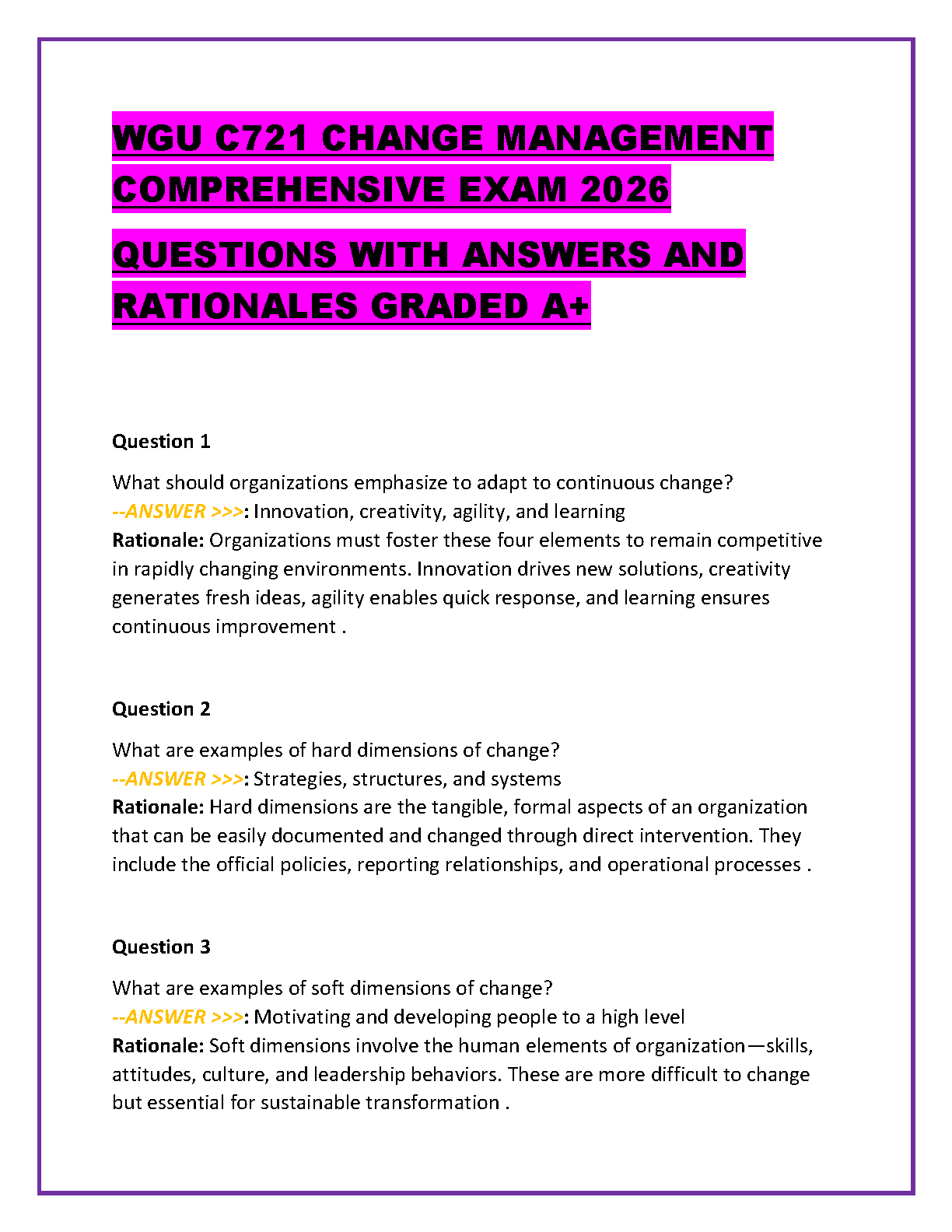 WGU C721 Change Management Exam Questions & Answers