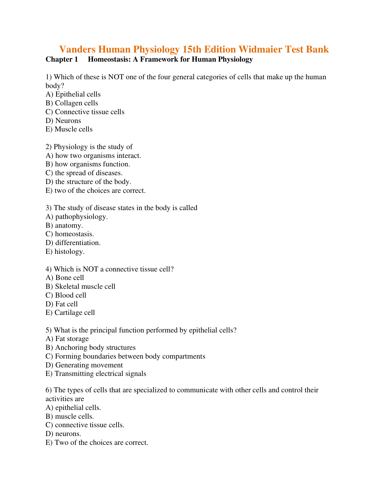 Vanders Human Physiology 15th Edition TEST BANK