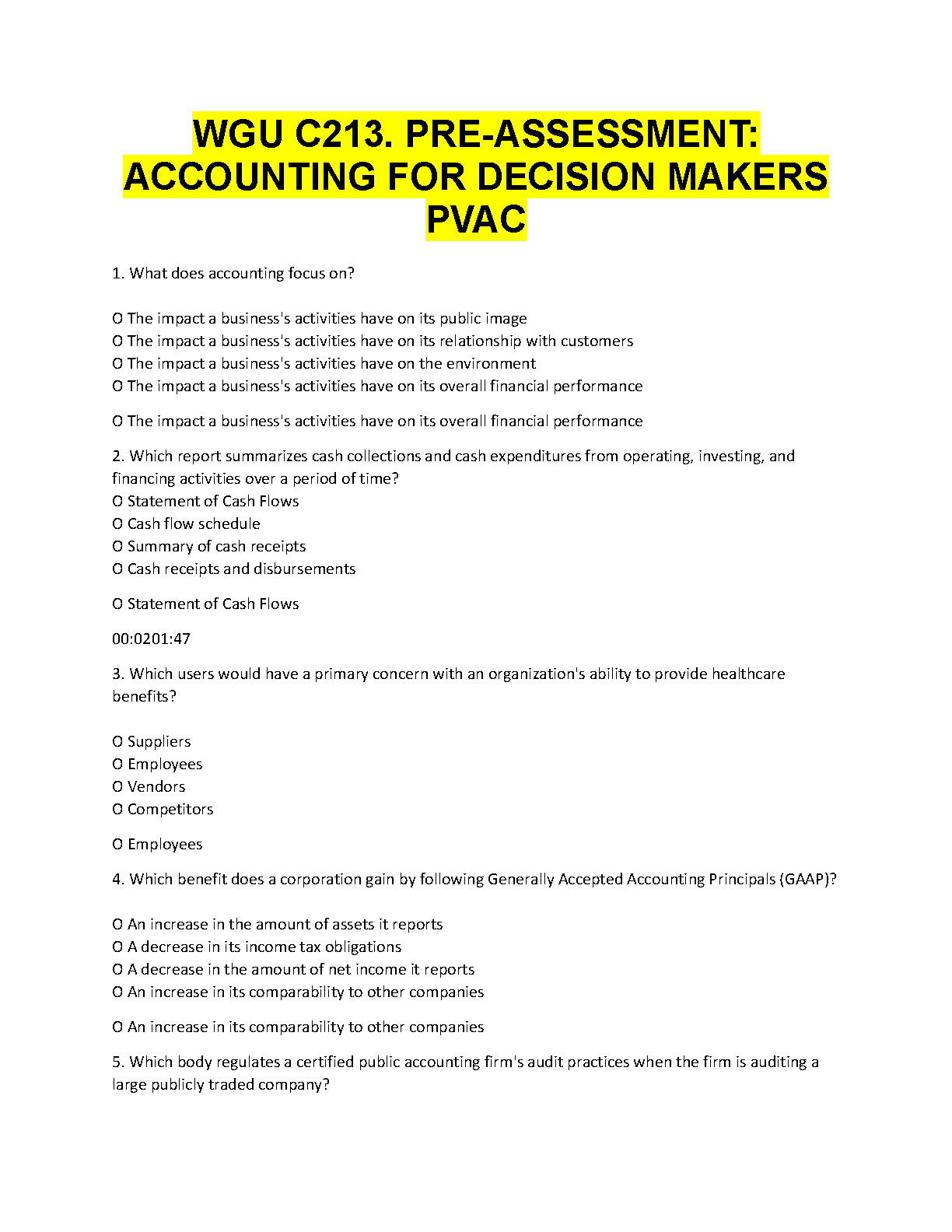 WGU C213 Accounting Pre-Assessment PVAC 2024/2025 Exam Prep
