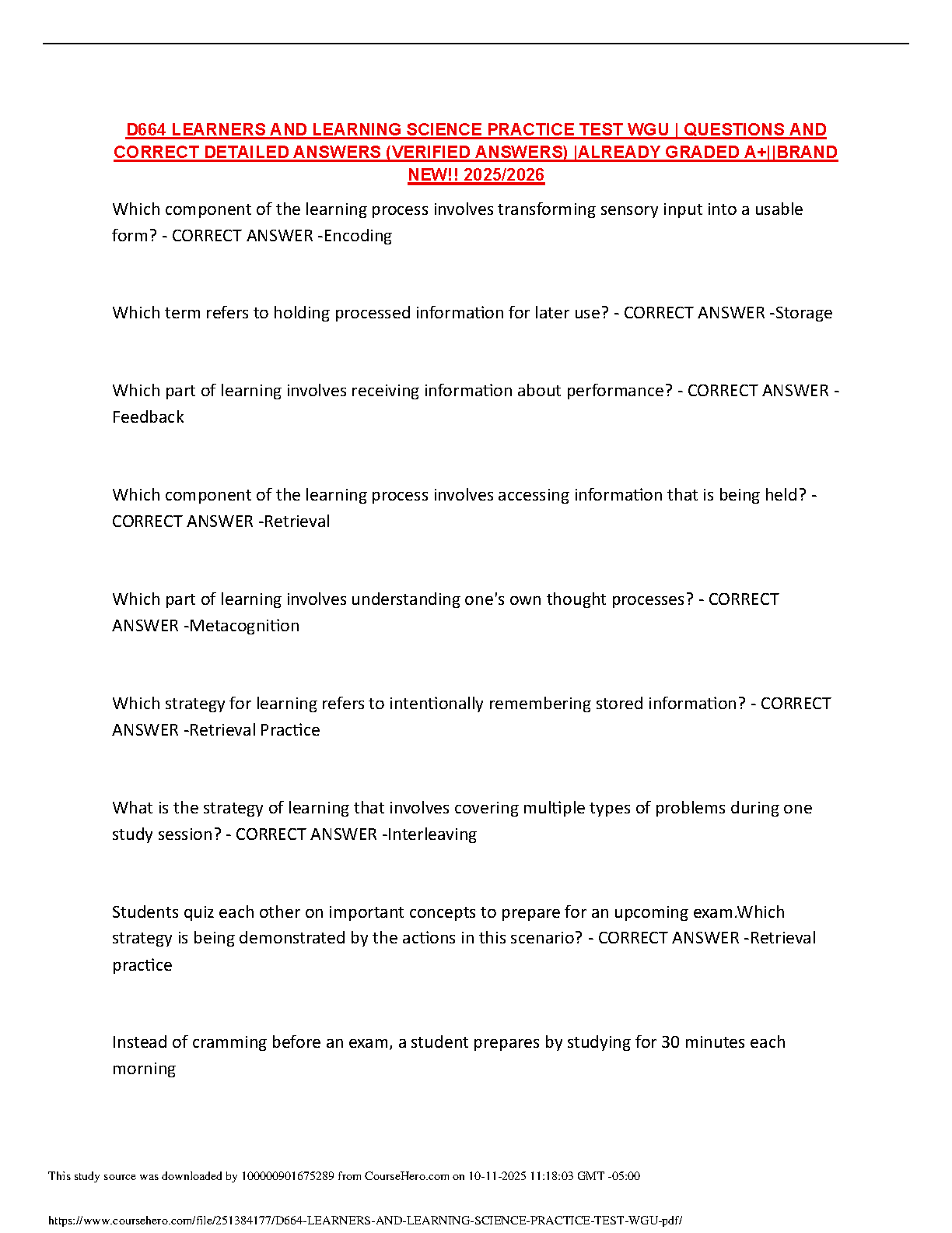 WGU D664 Learners and Learning Science Test Bank