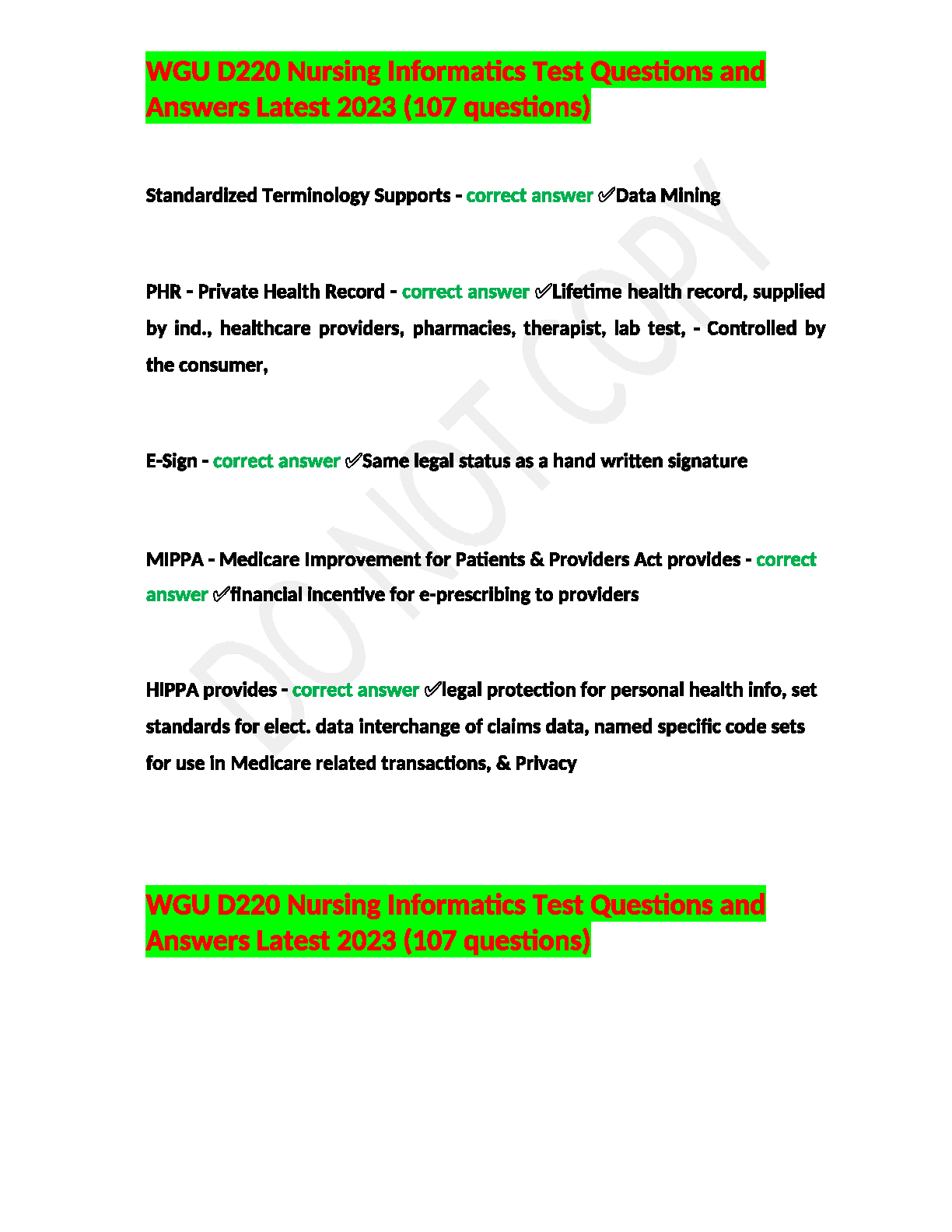 WGU D220 Nursing Informatics Test Bank 2023