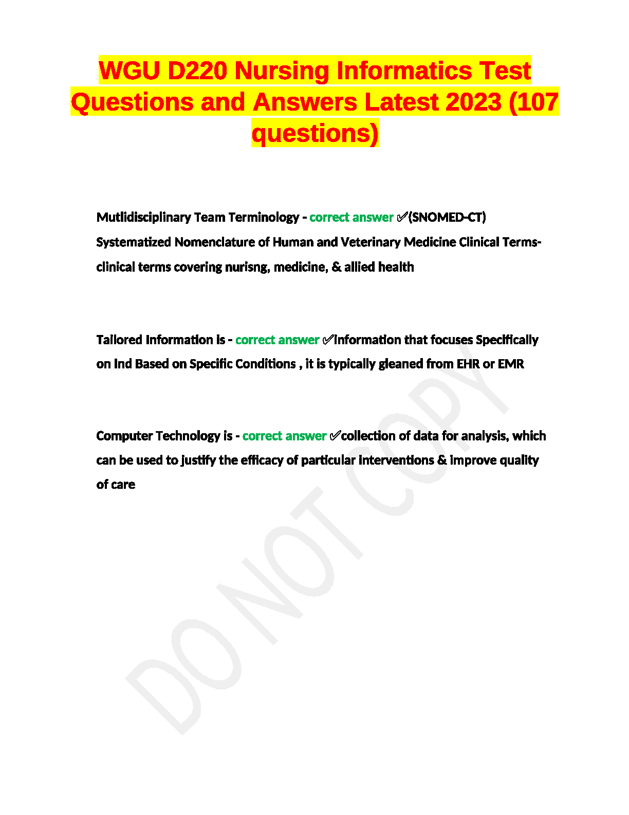 WGU D220 Nursing Informatics Test Bank 2023