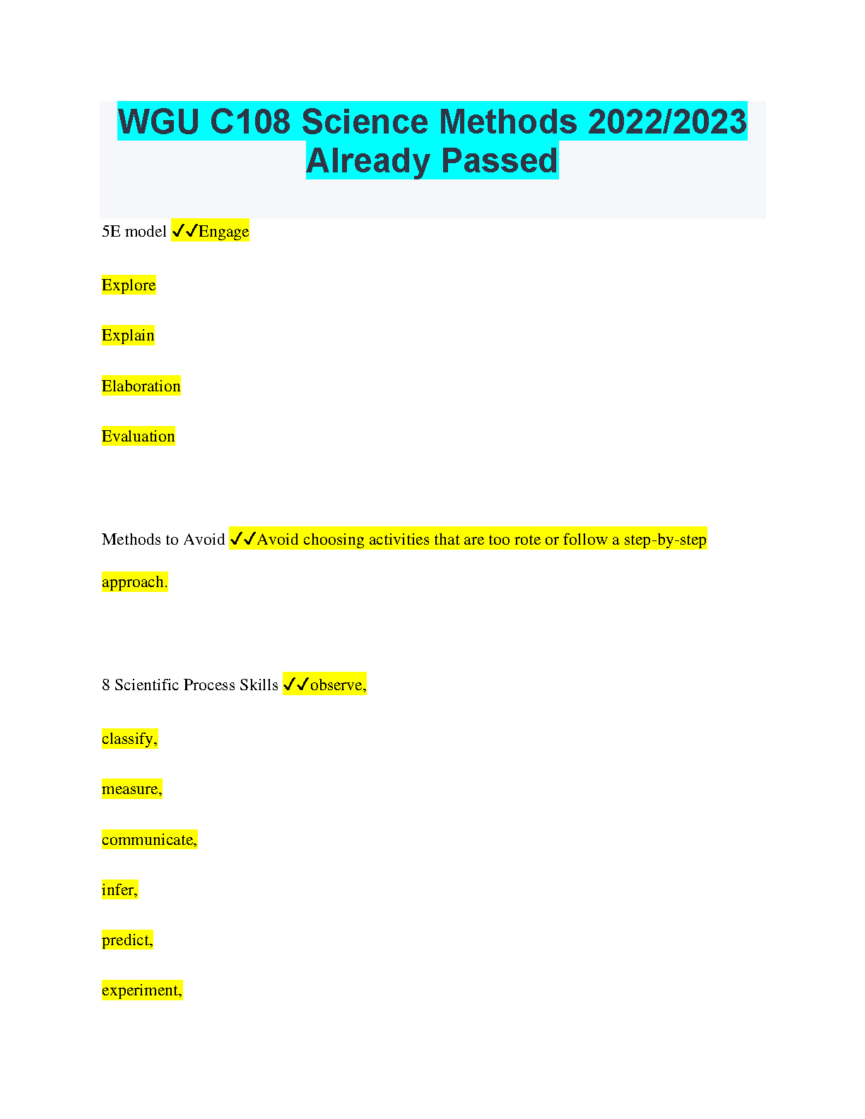 WGU C108 Science Methods Exam Prep Guide 2023