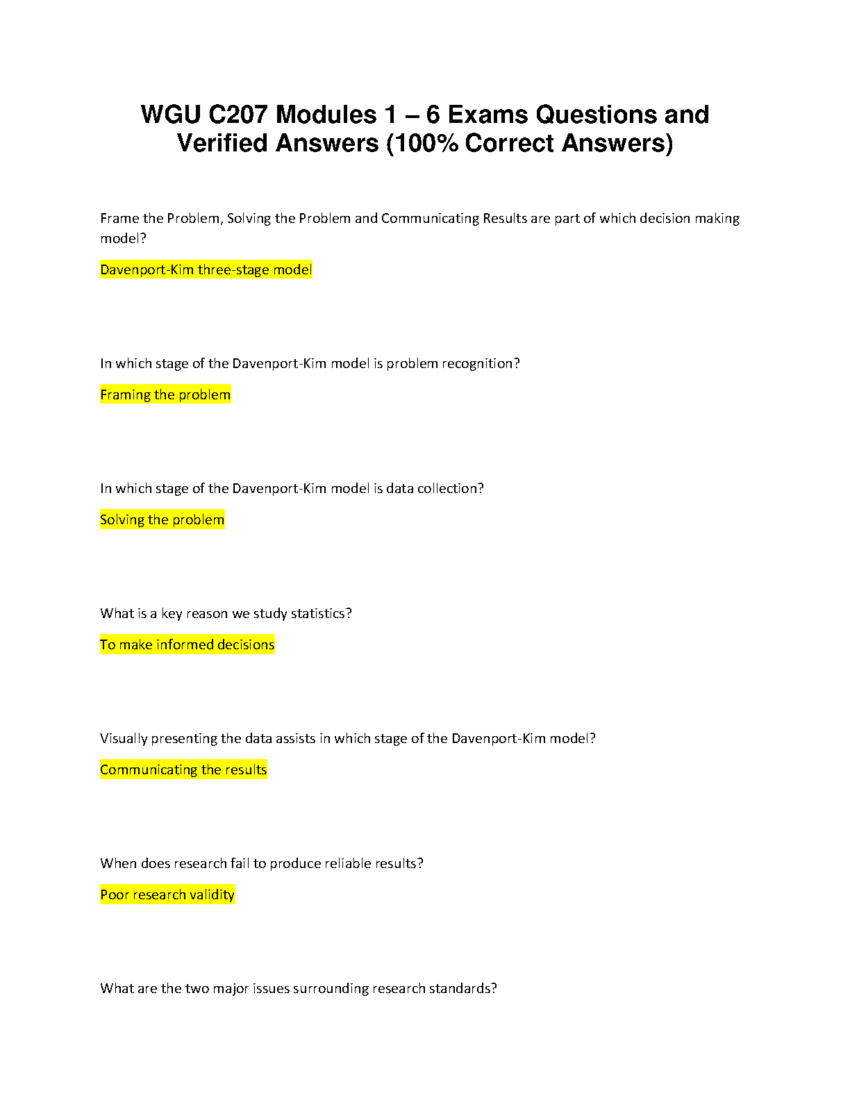 WGU C207 Test Bank Data Driven Decision Making