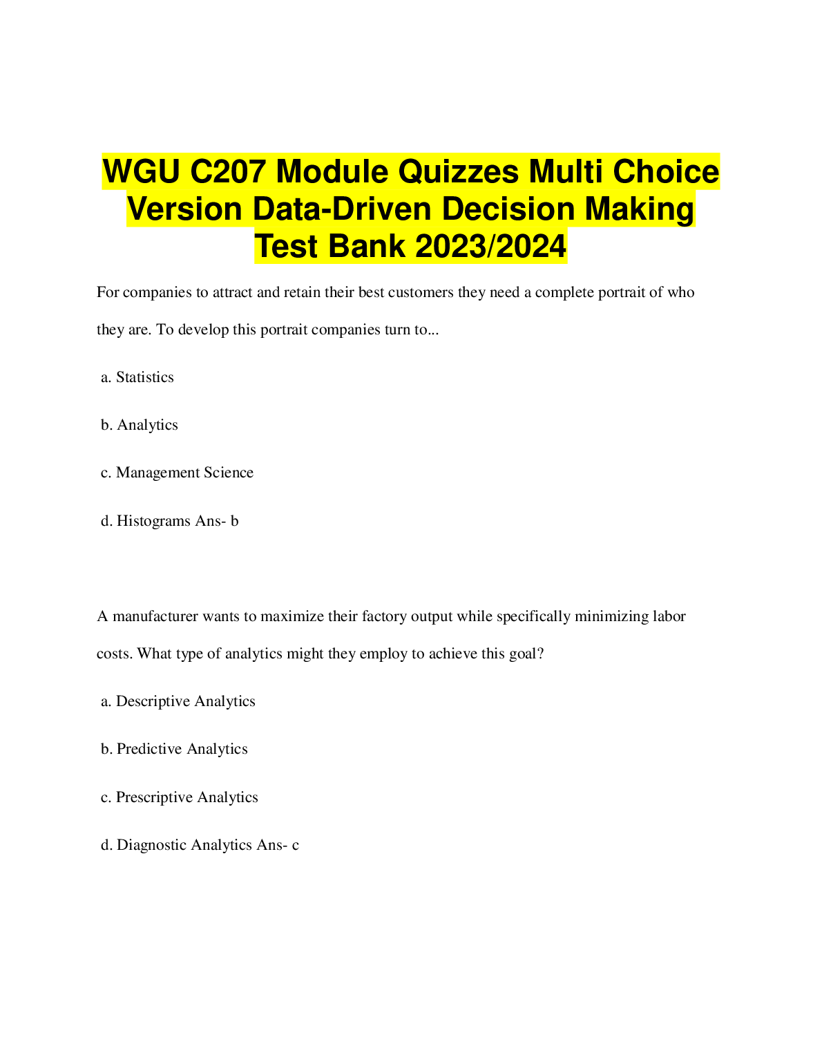WGU C207 Data Driven Decision Making Test Bank 2024