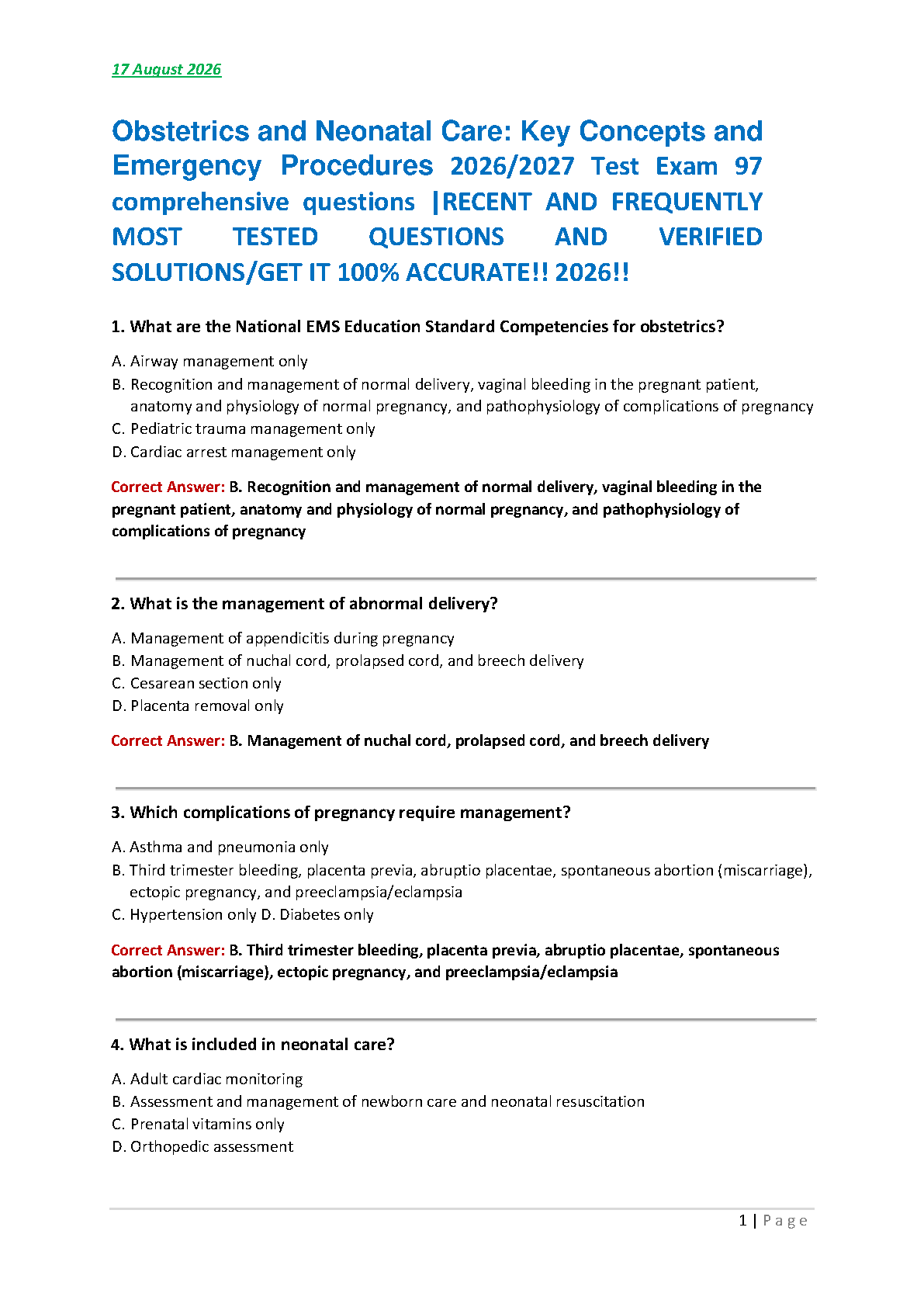 Obstetrics & Neonatal Care Test Bank 2026 EMS Solutions