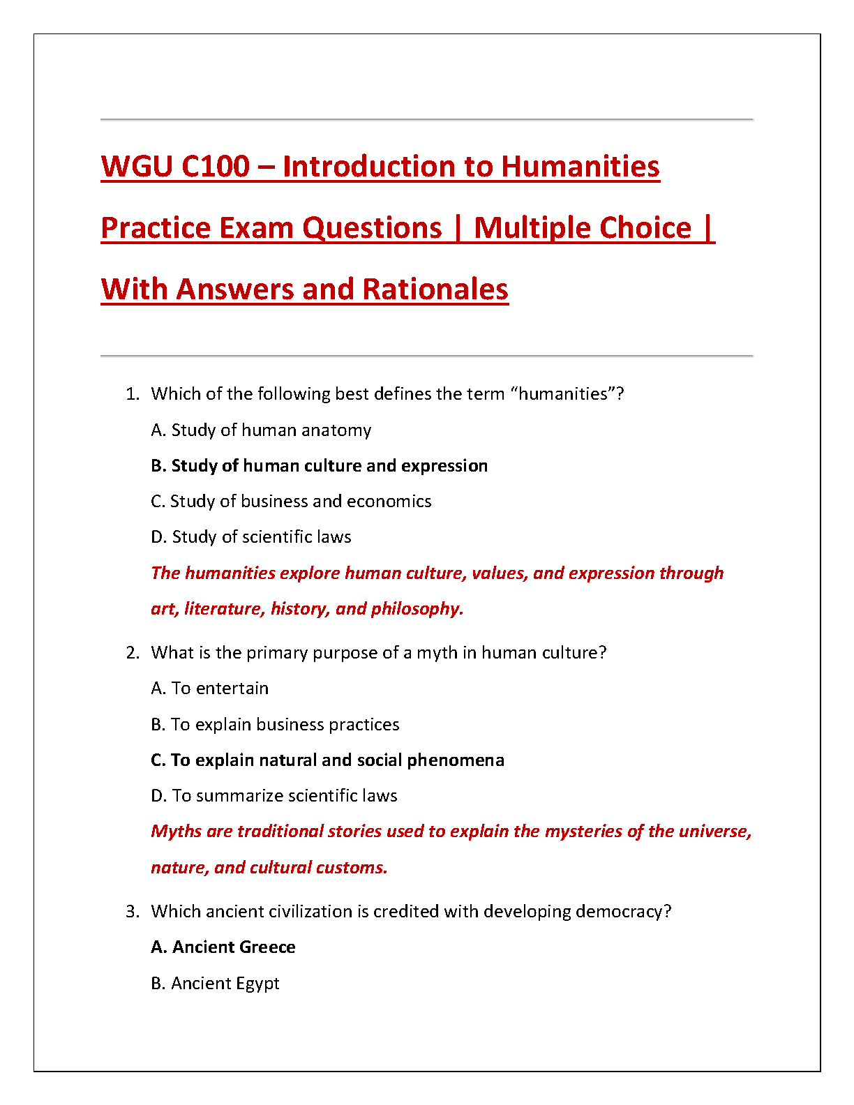 WGU C100 Introduction to Humanities Practice Exam 2025 IMG-1
