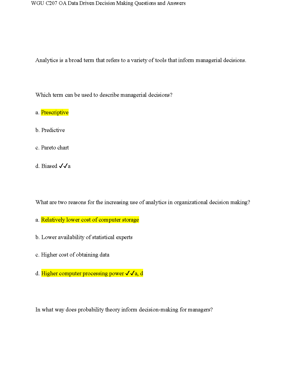 WGU C207 OA Data Driven Decision Making Q&A Guide 2024-2025
