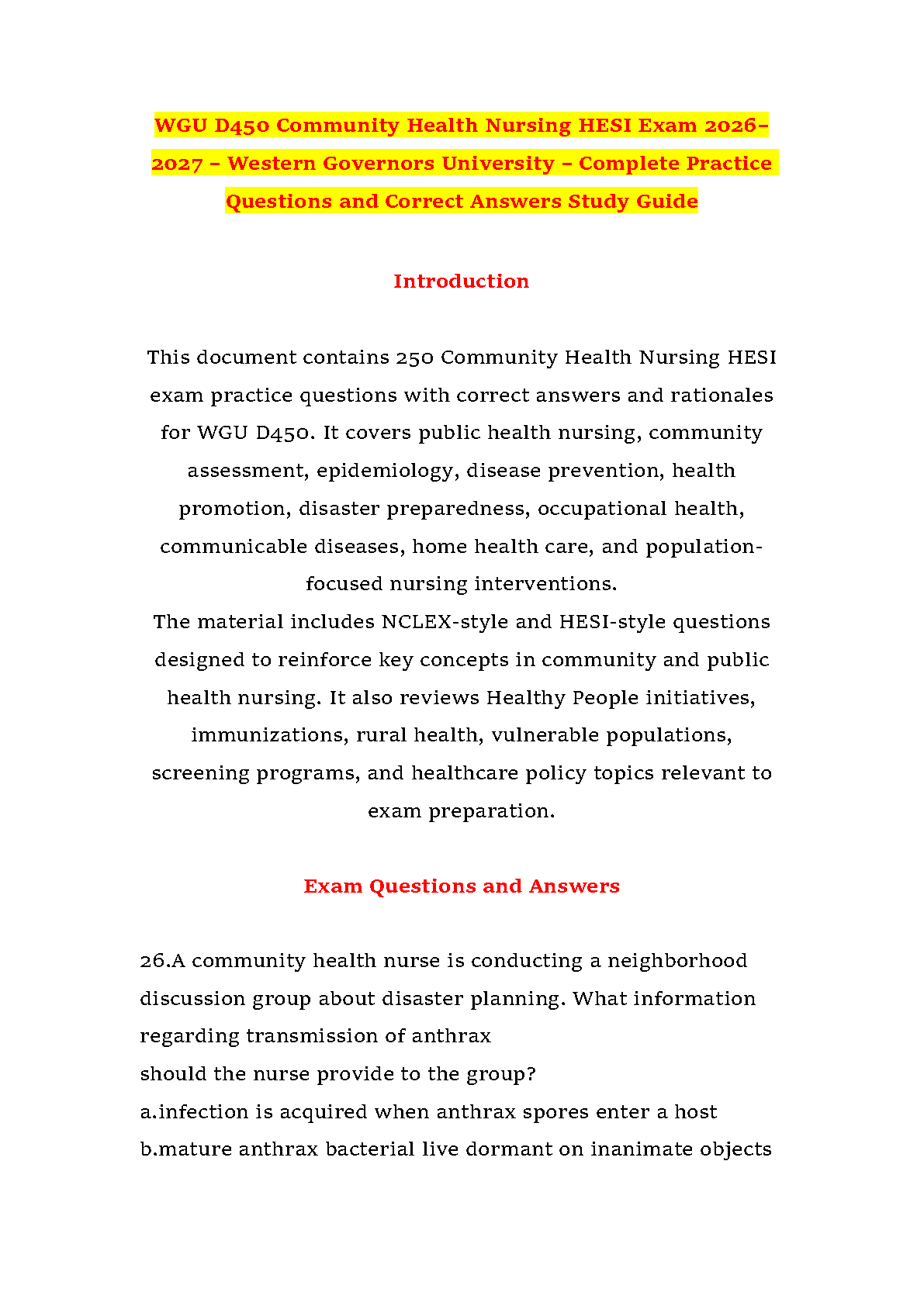 WGU D450 Community Health Nursing Hesi Exam Prep Guide