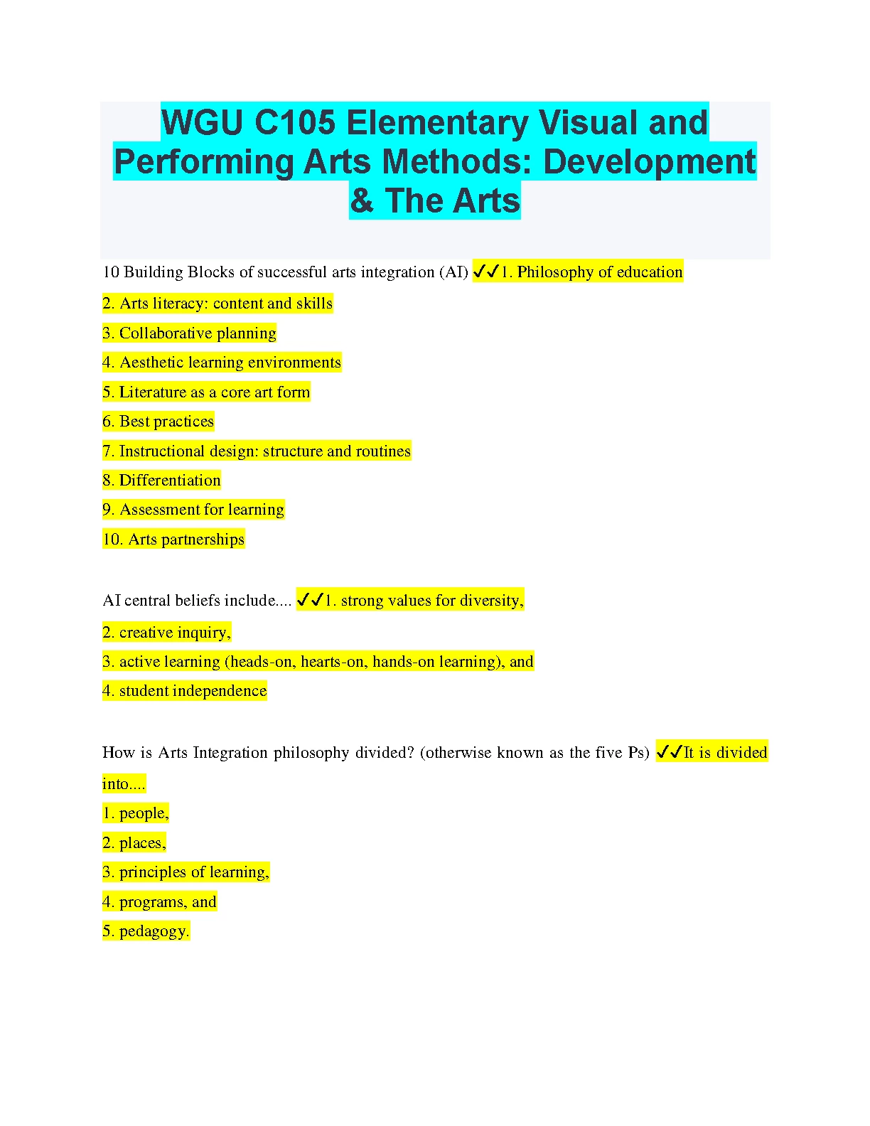 WGU C105 Visual Arts Methods Study Guide Solution Manual