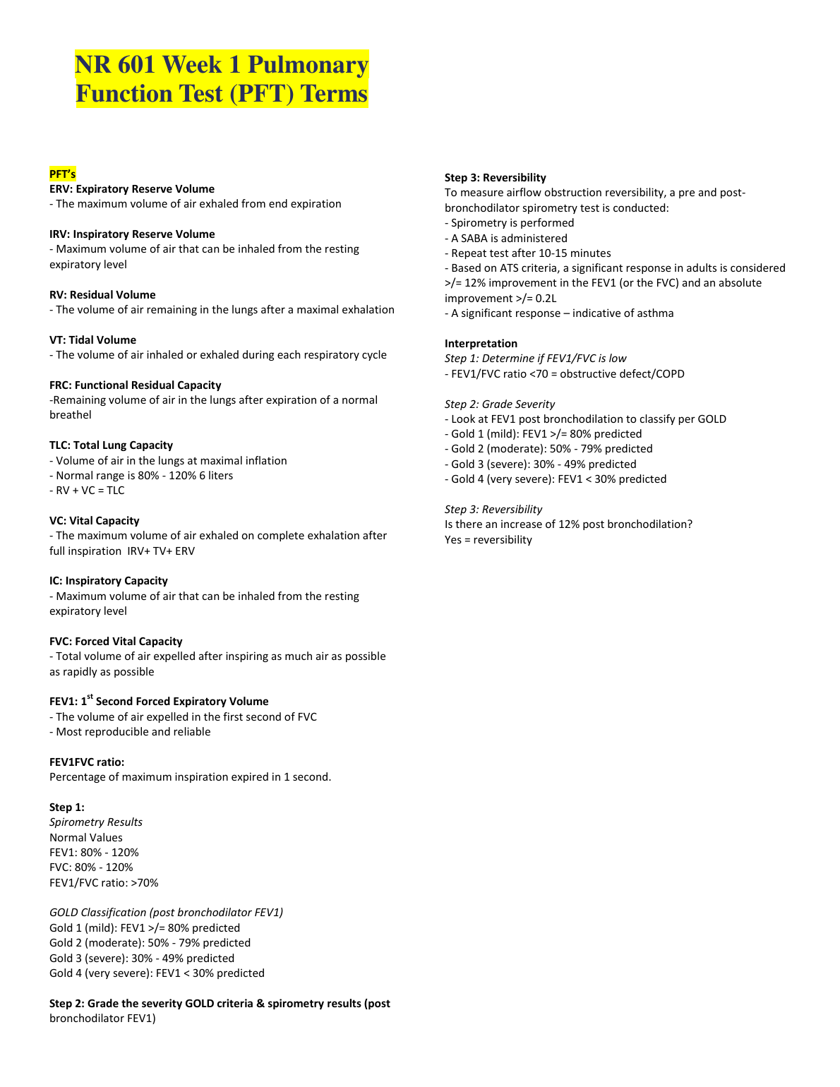 PFT Terms & Spirometry Interpretation Nursing Study Guide IMG-1