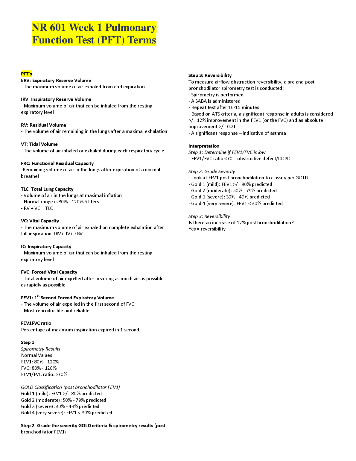 PFT Terms & Spirometry Interpretation Nursing Study Guide