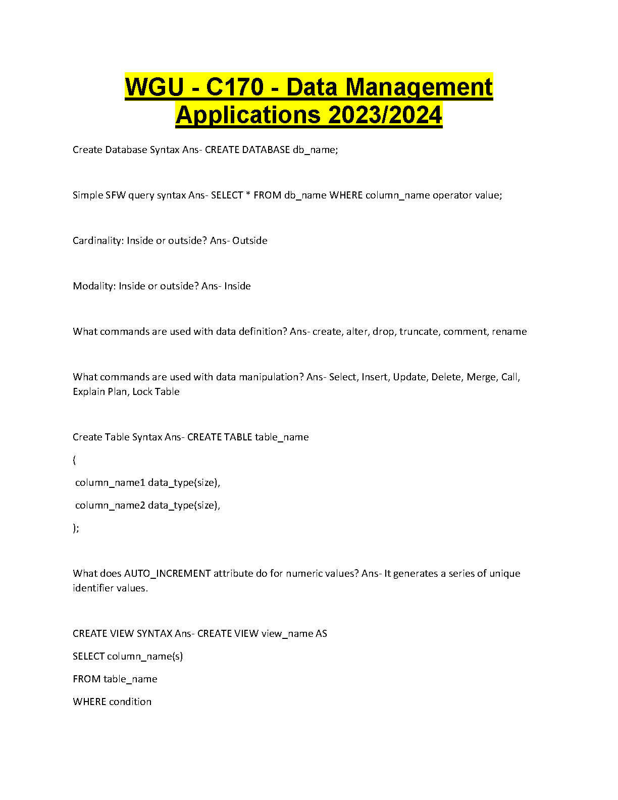WGU C170 Test Bank | SQL & DDL Exam Prep Guide