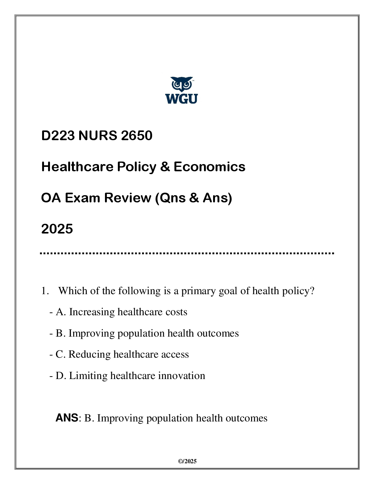 NURS 2650 Healthcare Policy Economics Exam Prep Study Guide