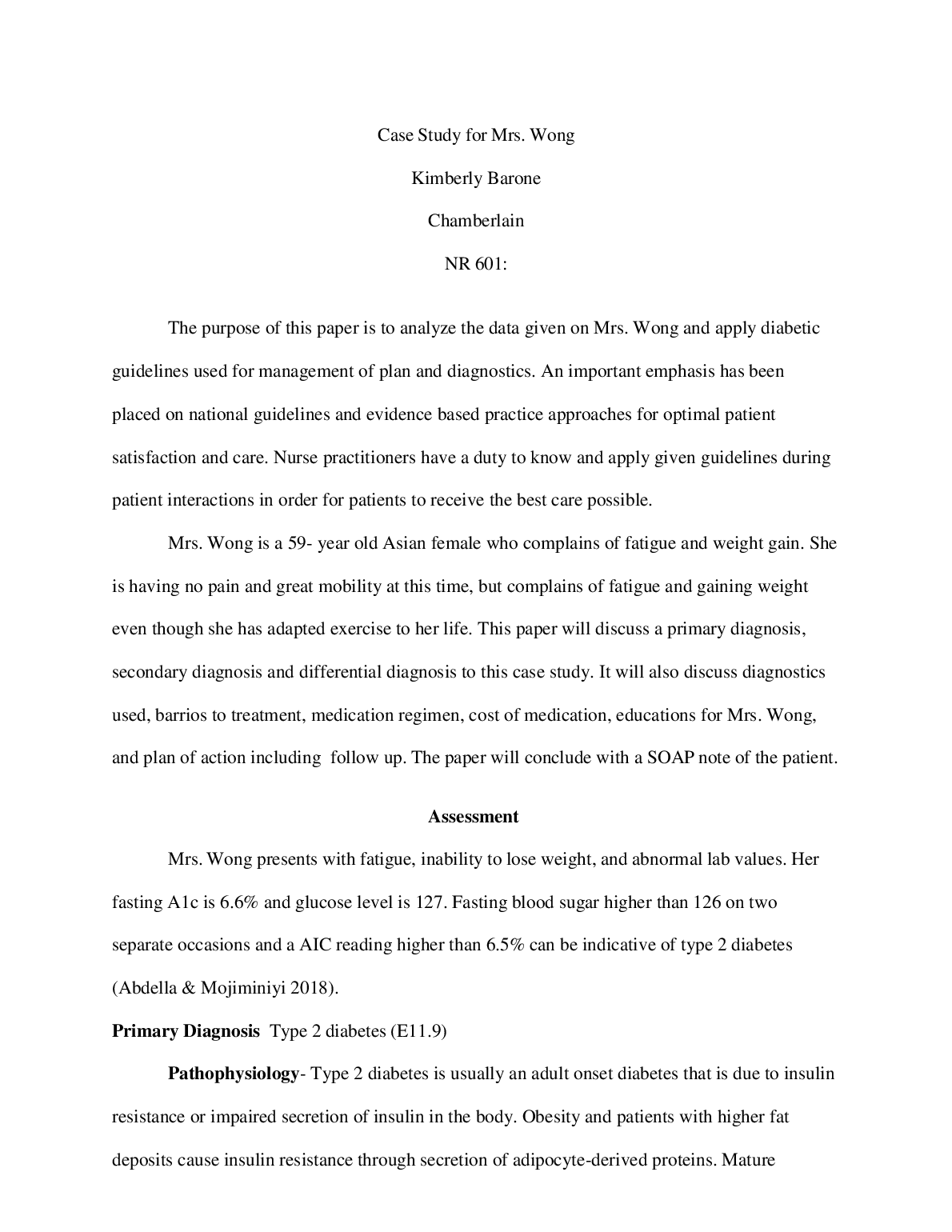 NR 601 Case Study: Mrs. Wong Type 2 Diabetes Management