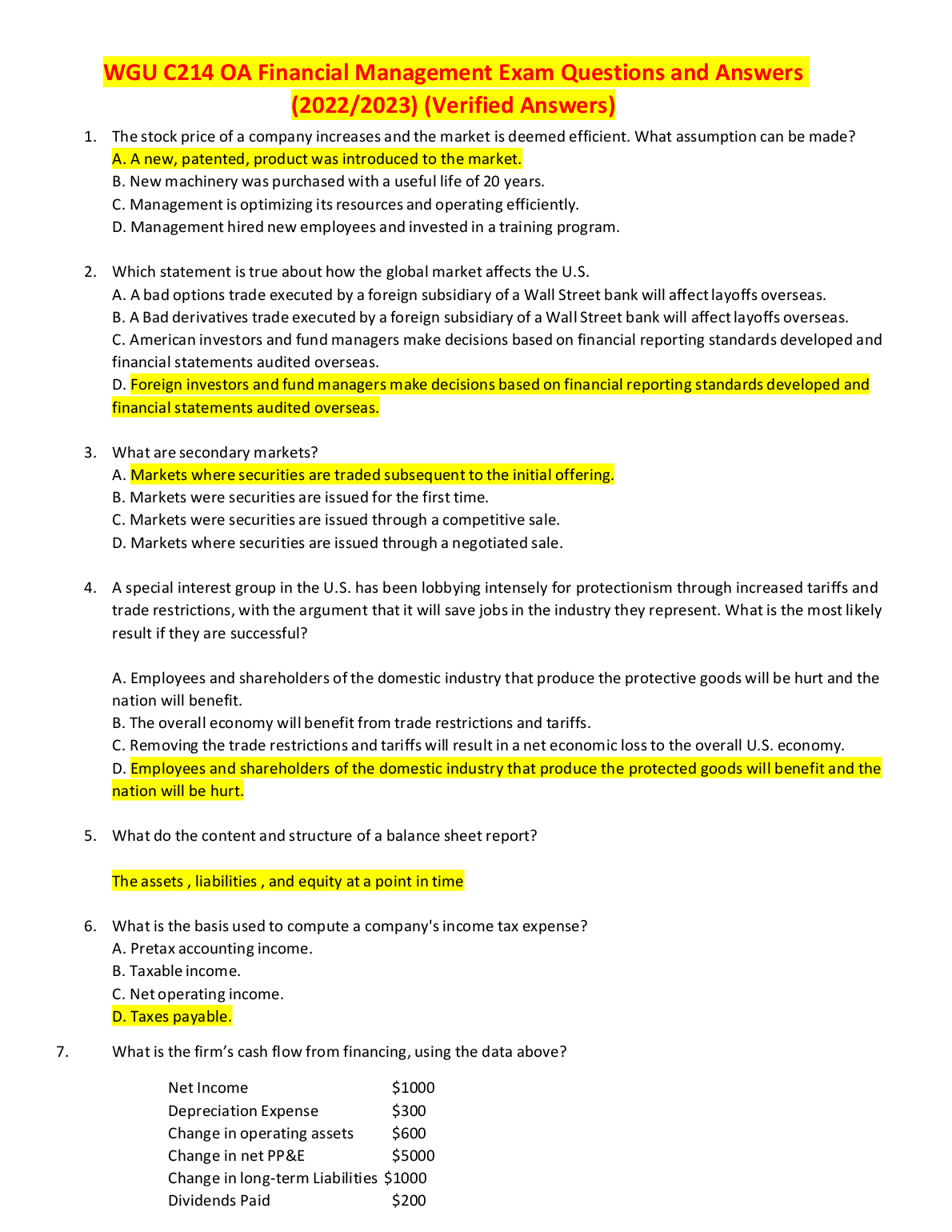 WGU C214 OA Financial Management Exam Q&A 2023