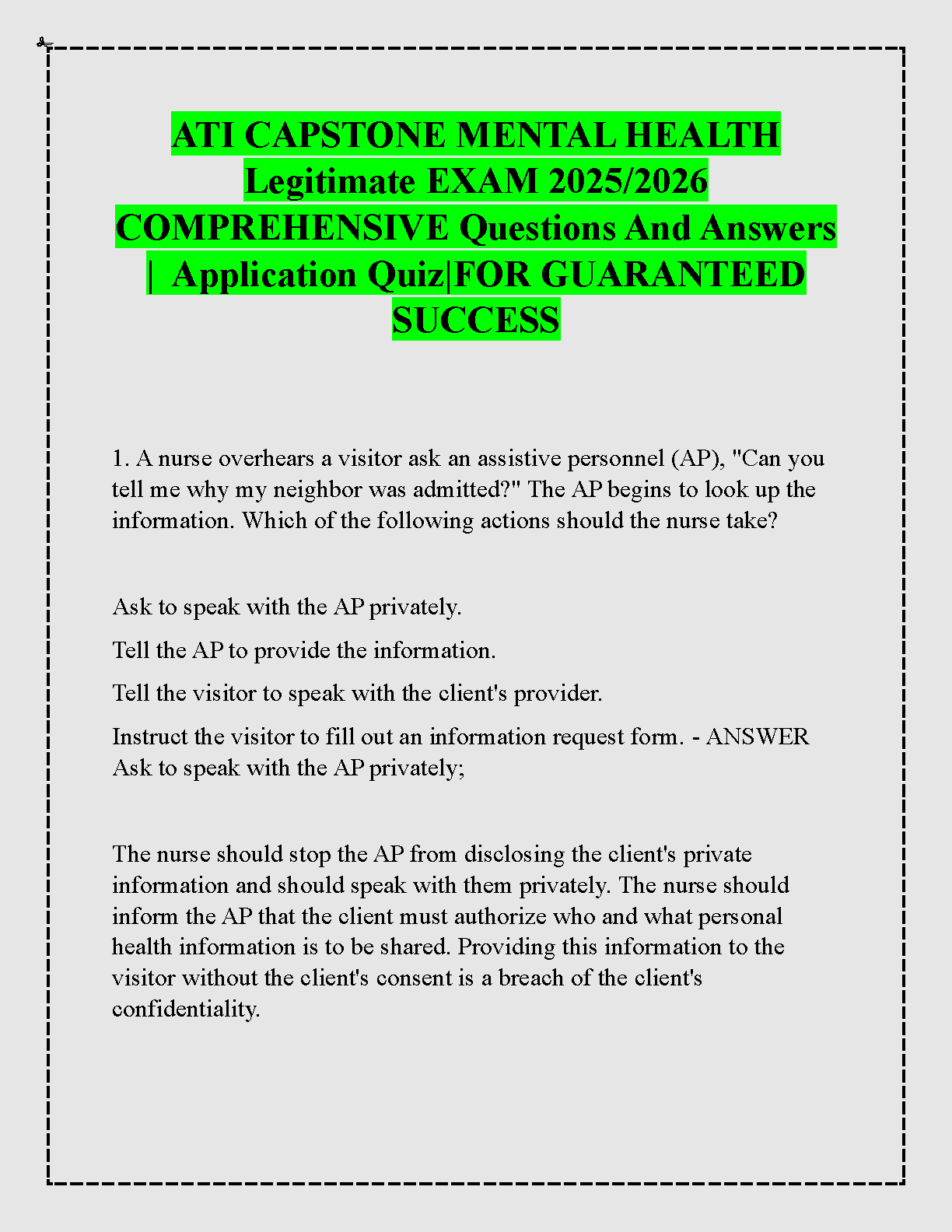 ATI Capstone Mental Health Exam Prep 2026-27