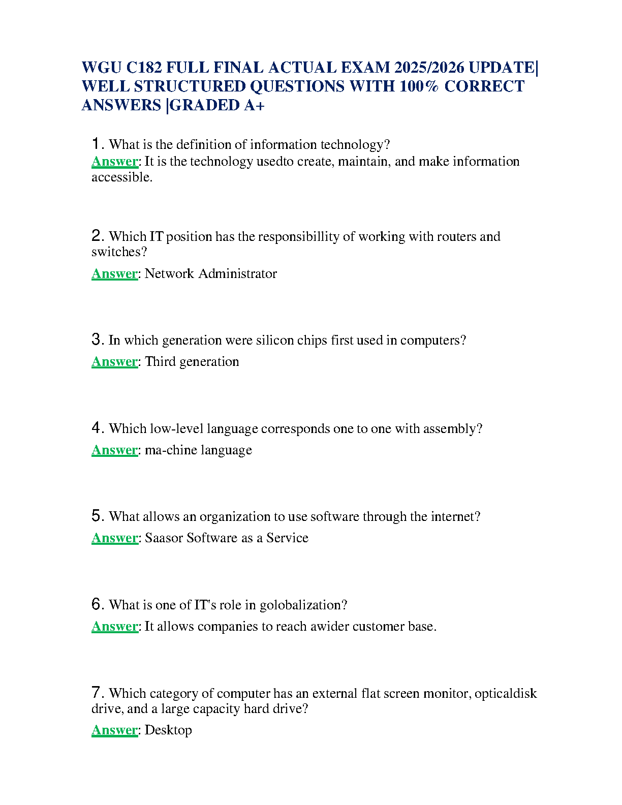 WGU C182 Intro to IT Test Bank 2025 Verified Answers IMG-1
