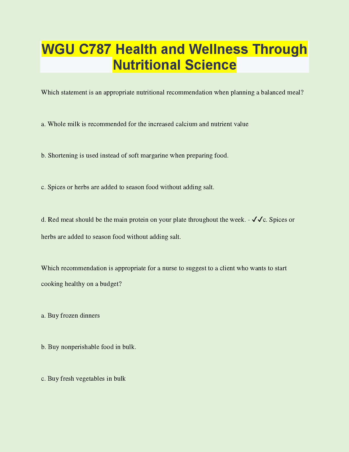 WGU C787 Nutrition Exam Prep Study Guide 2024/2025