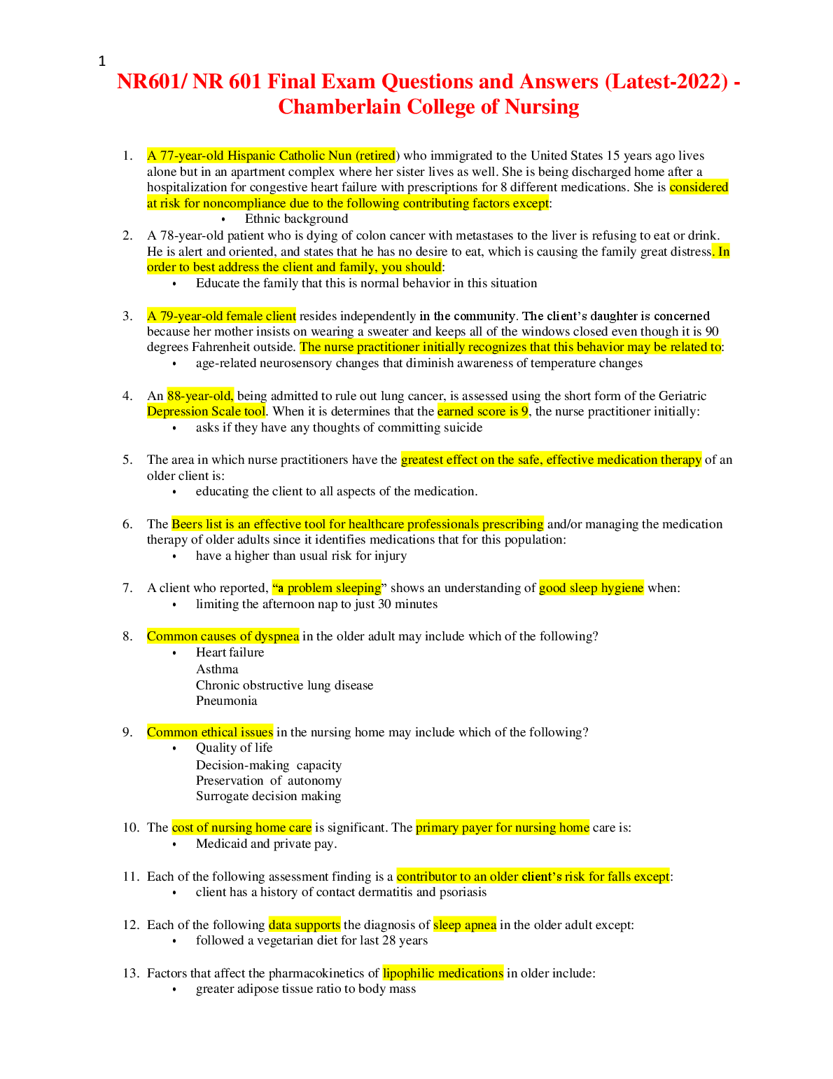 Chamberlain NR 601 Final Exam Qs & As